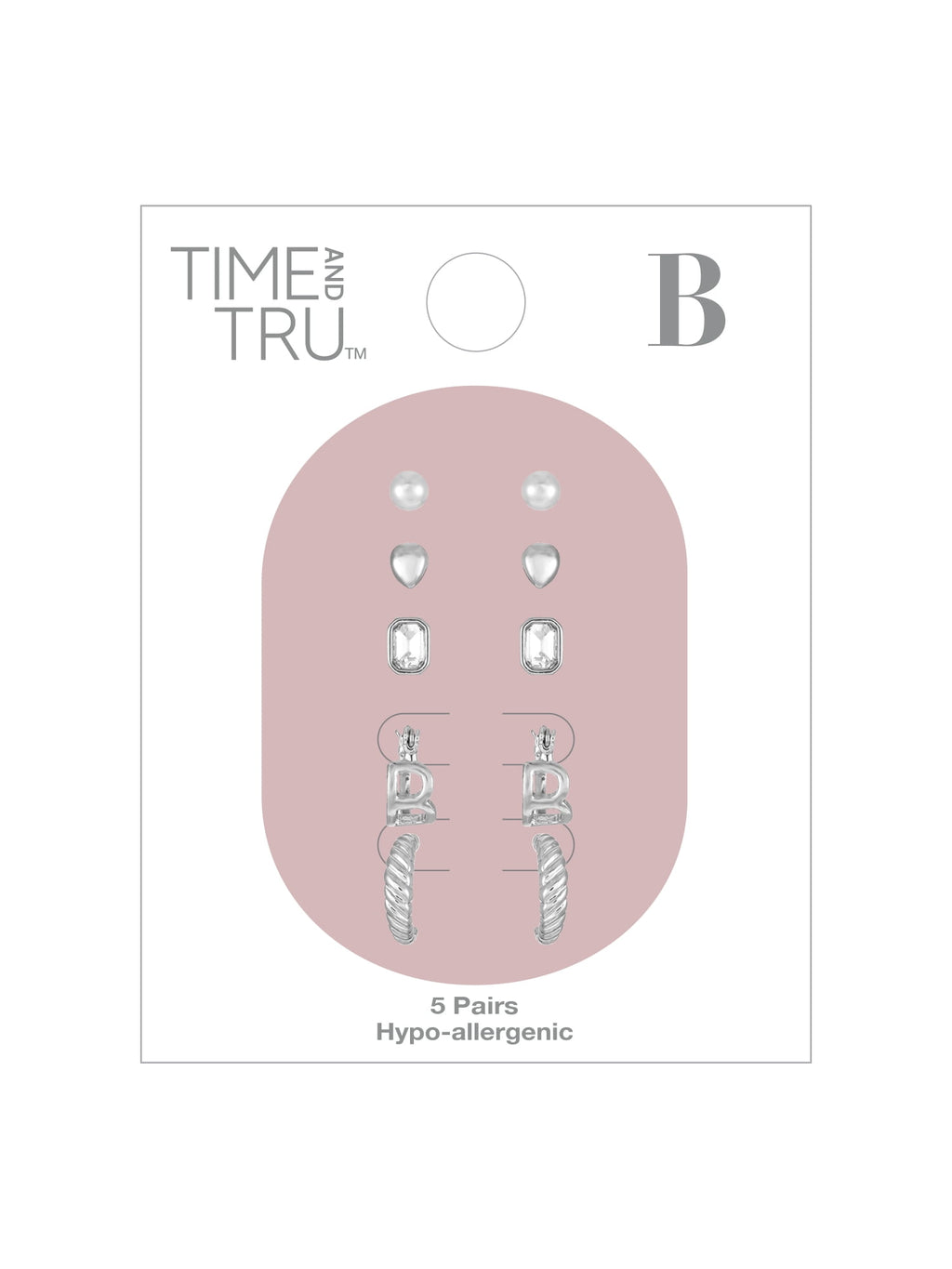 Silvertone Multi Earring Set, 5 Pairs, Initial B