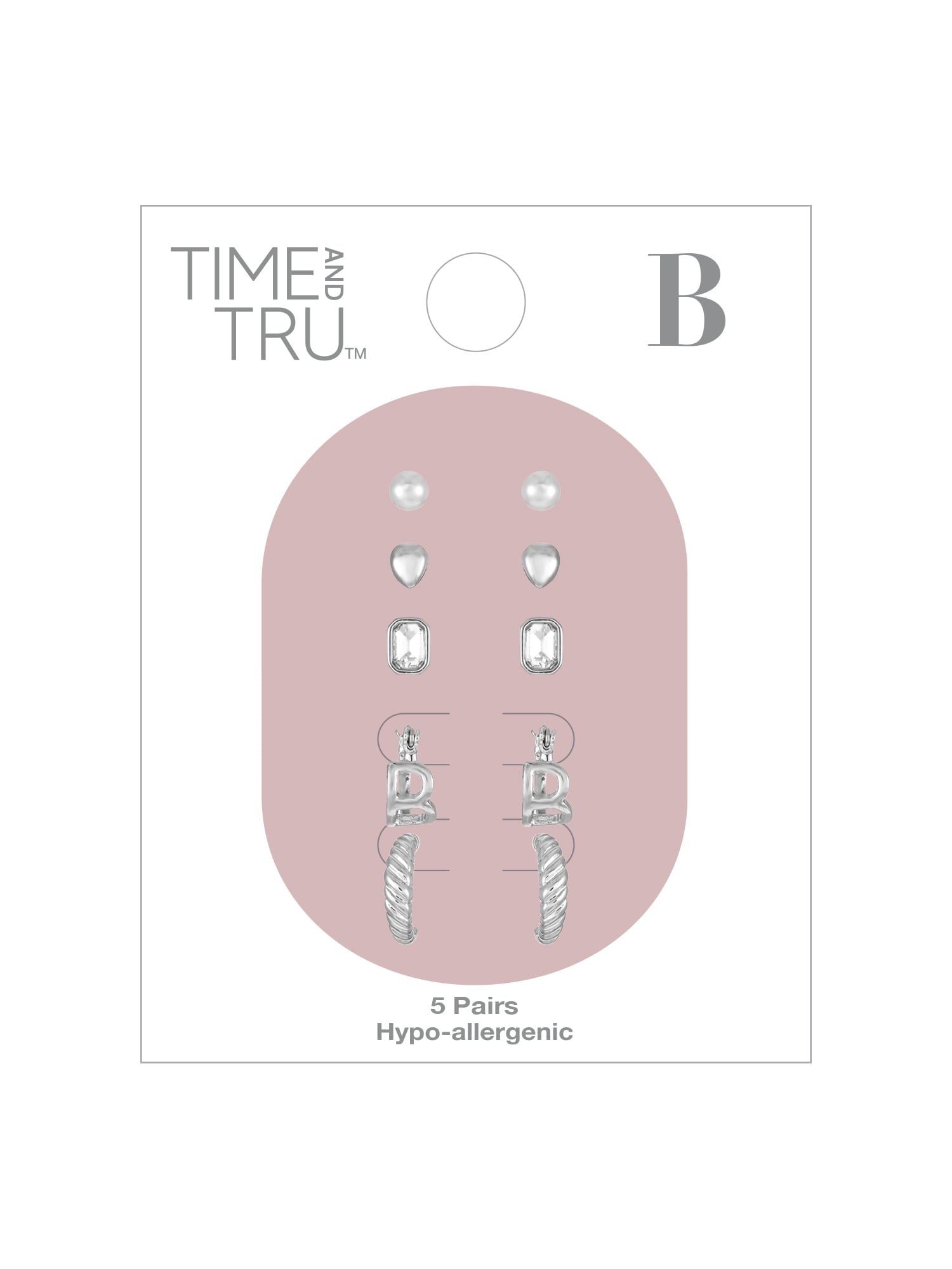 Silvertone Multi Earring Set, 5 Pairs, Initial B