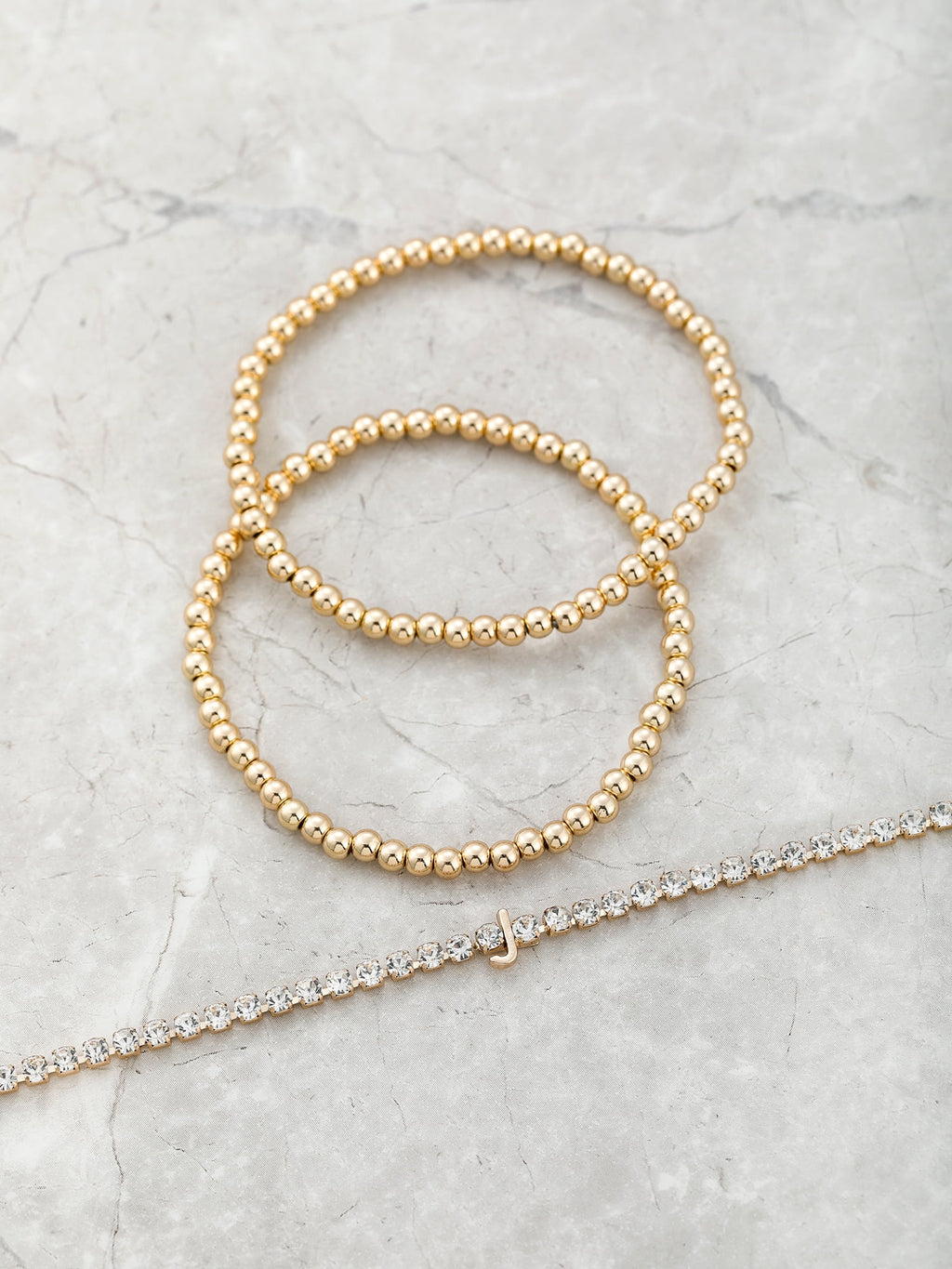 Goldtone and Crystal Beaded Stretch Bracelets, 3 Pieces, Initial Letter C