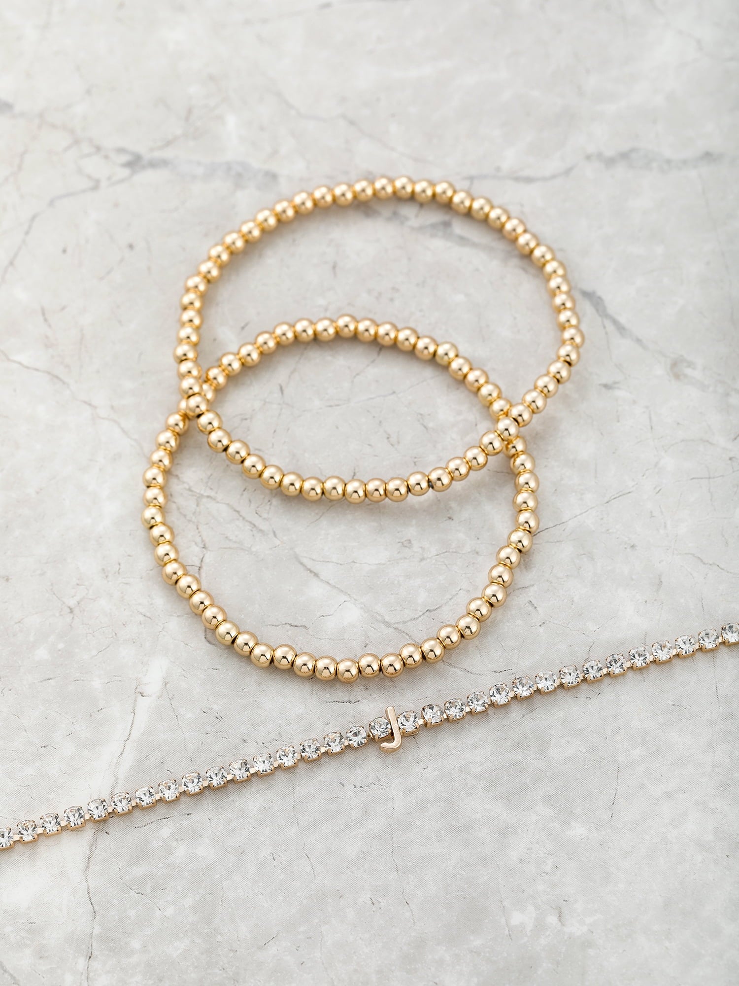 Goldtone and Crystal Beaded Stretch Bracelets, 3 Pieces, Initial Letter C