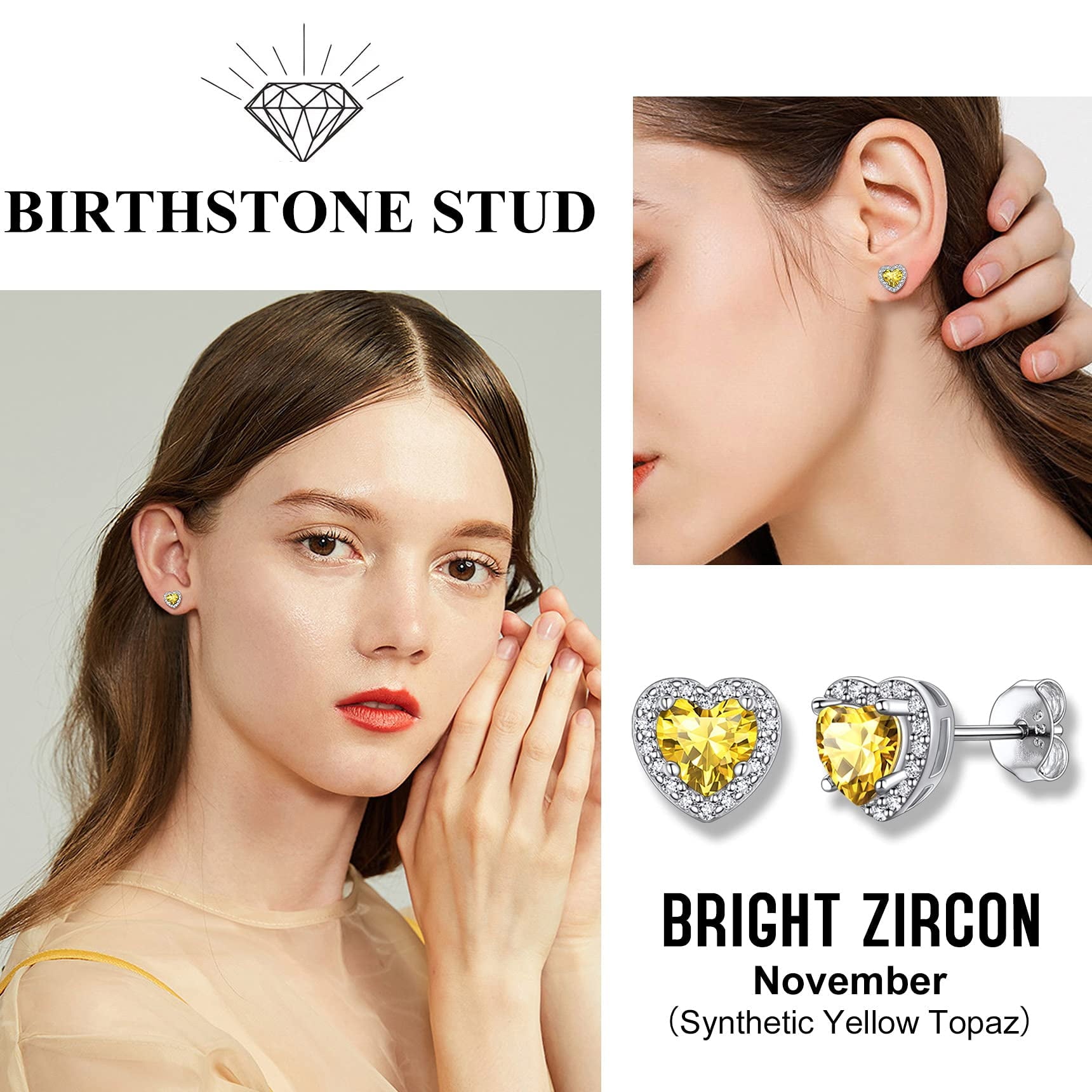 Stud Earrings for Women, 925 Sterling Heart Created Diamond Studs Earrings / Gifts - September