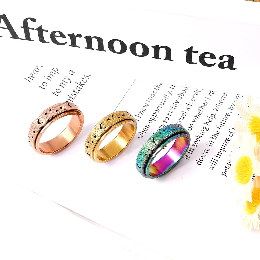 Anxiety Ring for Women Men, Anxiety Fidget Relief Spinner Rings Stainless Steel Worry Stress Relieve Ring Band Set for Anxiety Women Men，Anxiety Ring-Moon Star, Sandblasted Finished,Rainbow-Size6