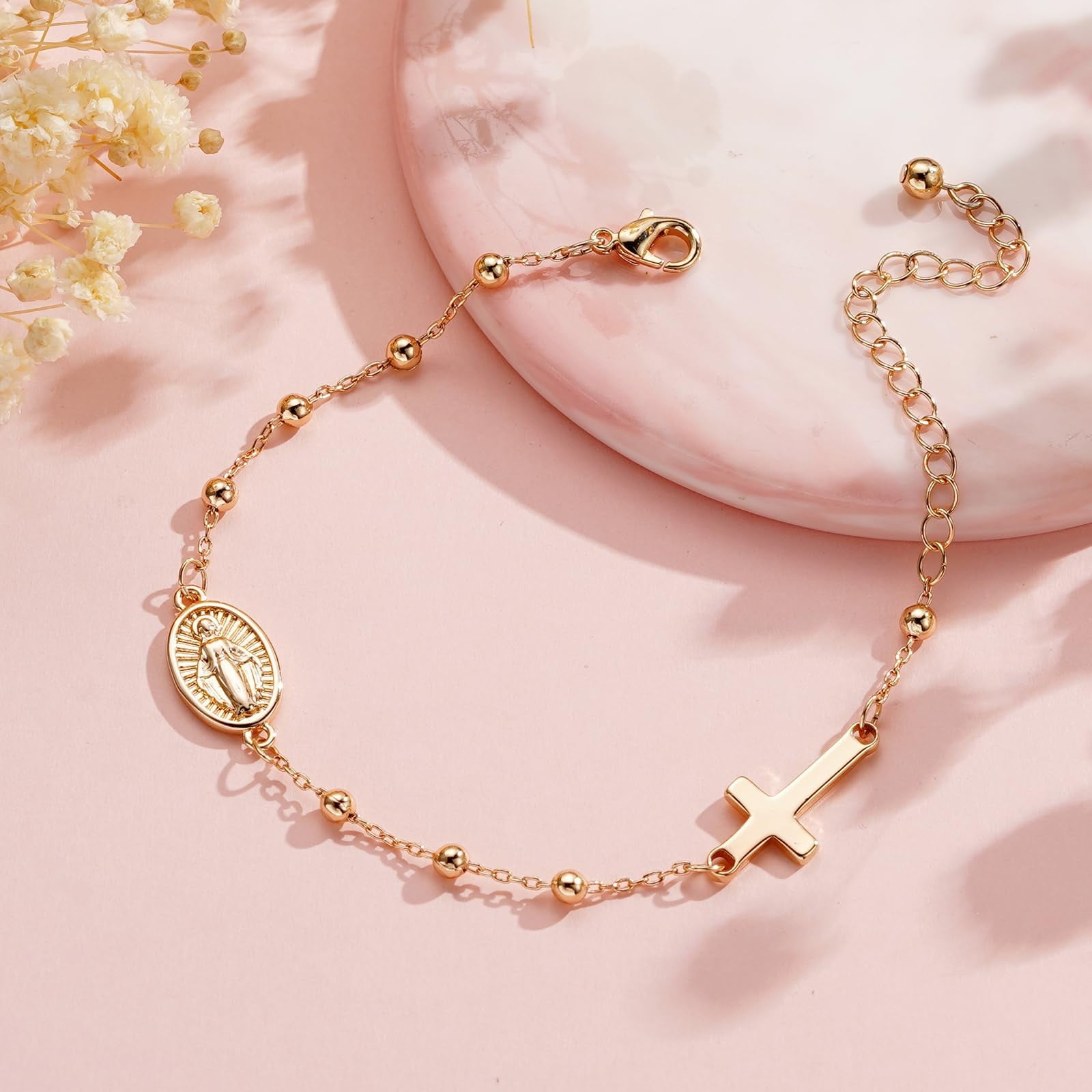 Rosary Beads Virgin Mary Cross Charm Bracelet for Women Kids Girls Teen Daughter Granddaughter Mom Wife Girlfriend Stuff Christian Catholic Jewelry Gifts for Women Girls Age