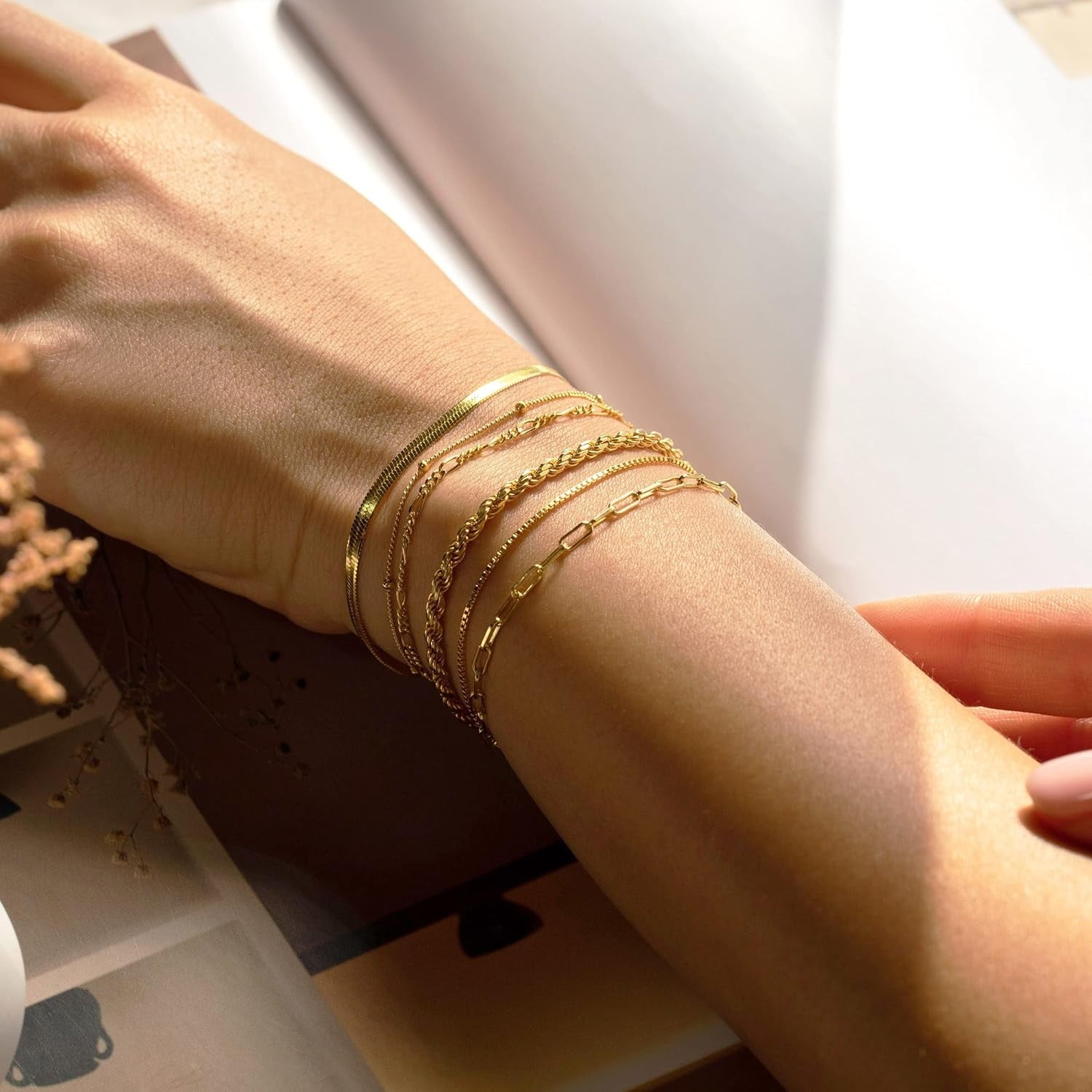 Bracelets for Women Waterproof, 14K Plated Stackable Dainty Chain Bracelet Set, Cuban Link &amp; Paperclip Styles, Jewelry Gifts for , , 's Day