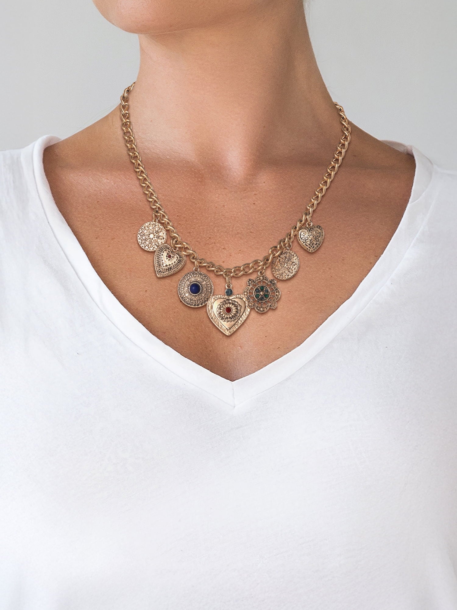 Women's Heart Charm Necklace with Figaro Chain, 18" + 3" Extender