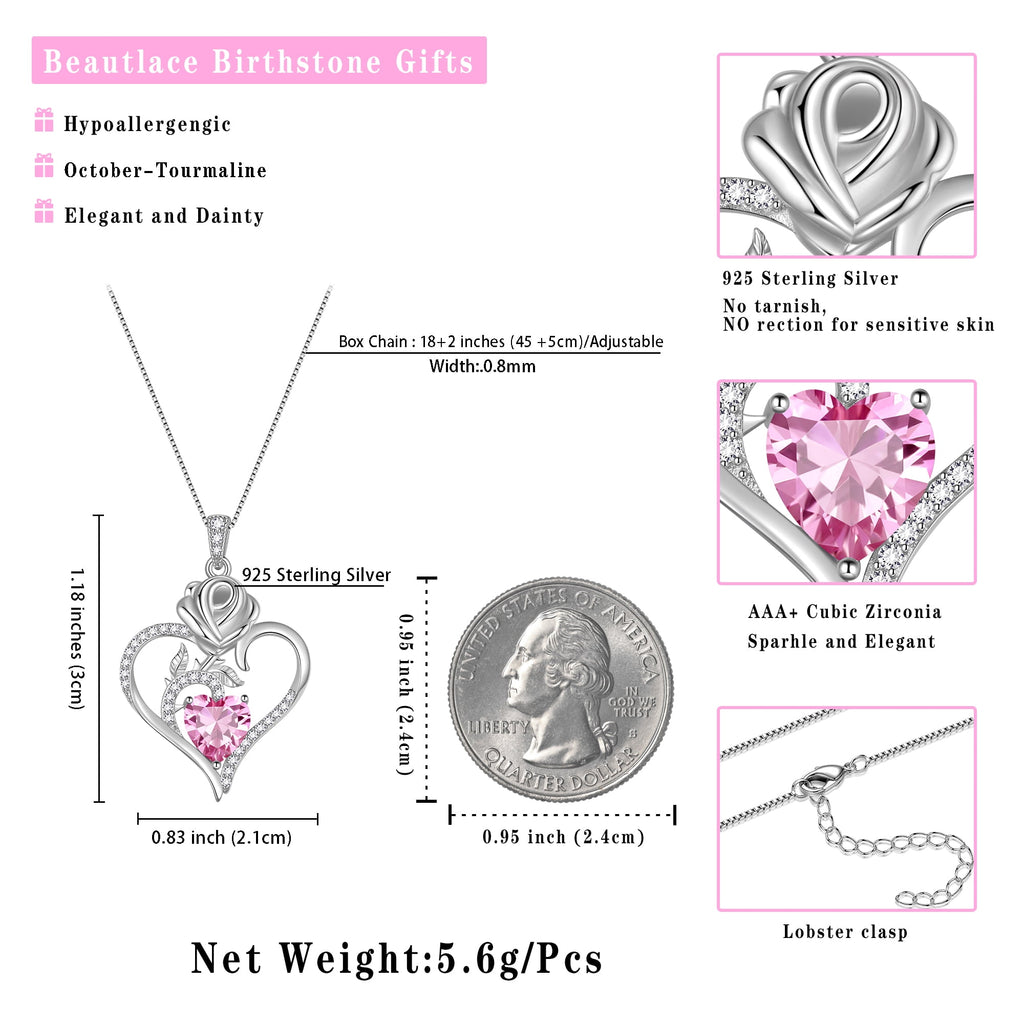 925 Sterling Necklace Rose Flower Heart Pendant Jewelry Valentines Gifts for Women Mom Wife/Lover