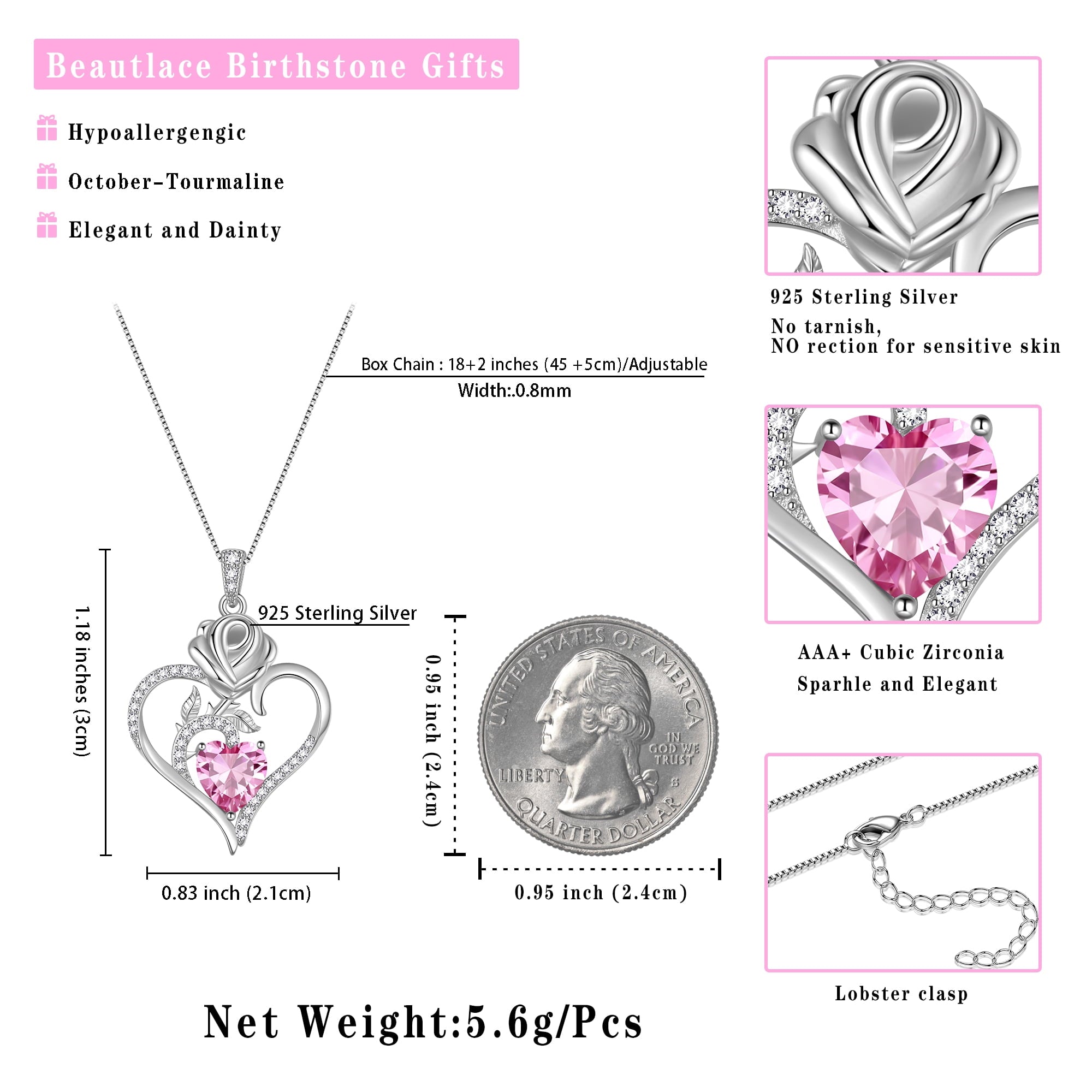 925 Sterling Necklace Rose Flower Heart Pendant Jewelry Valentines Gifts for Women Mom Wife/Lover