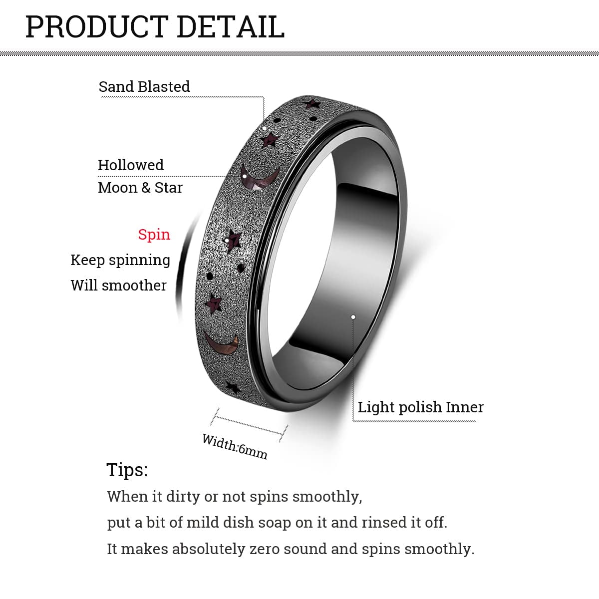 Anxiety Ring for Women Men, Anxiety Fidget Relief Spinner Rings Stainless Steel Worry Stress Relieve Ring Band Set for Anxiety Women Men，Anxiety Ring-Moon Star, Sandblasted Finished,Rainbow-Size6