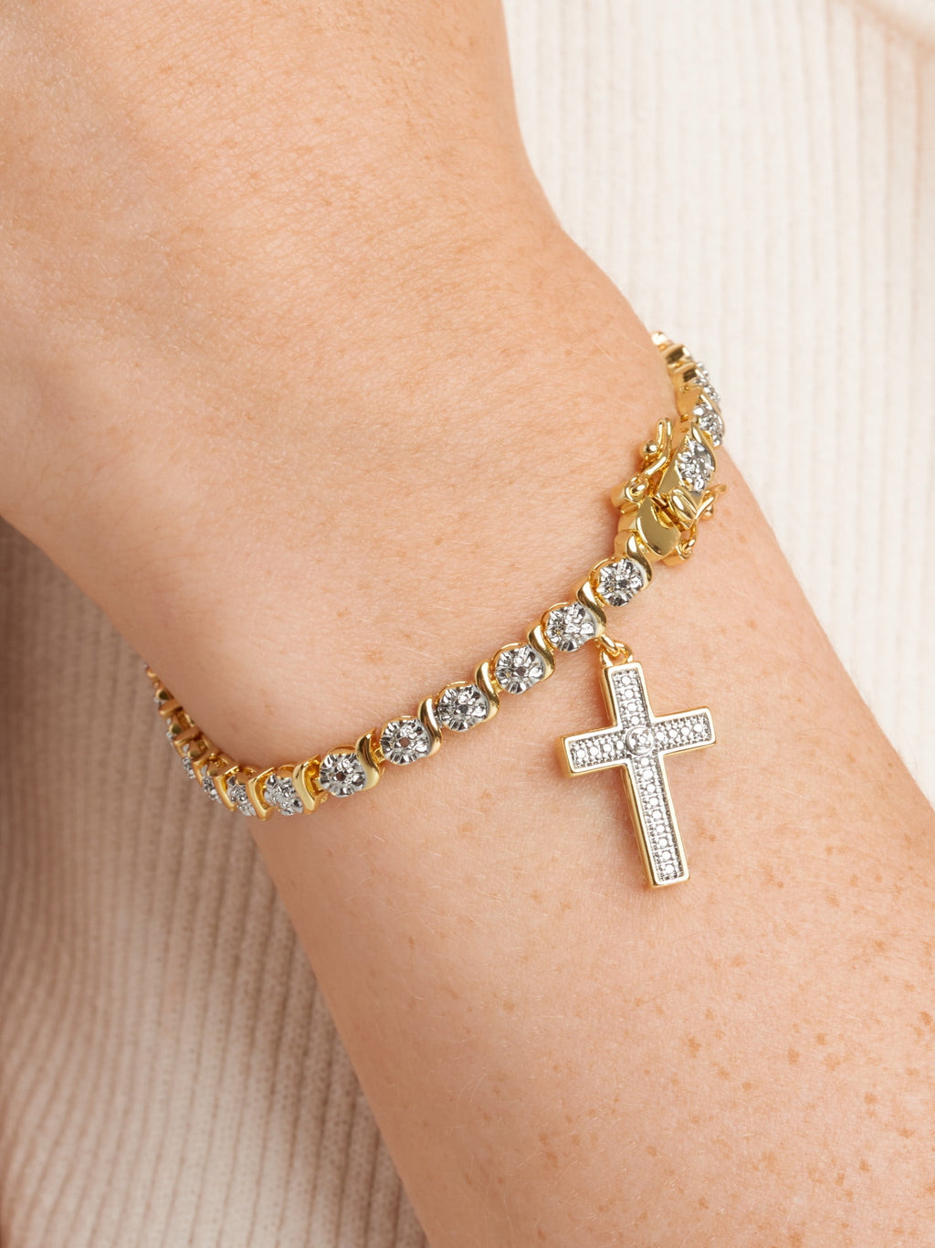 18K Yellow Plated Diamond Accent Cross Charm Tennis Bracelet, 7.25"