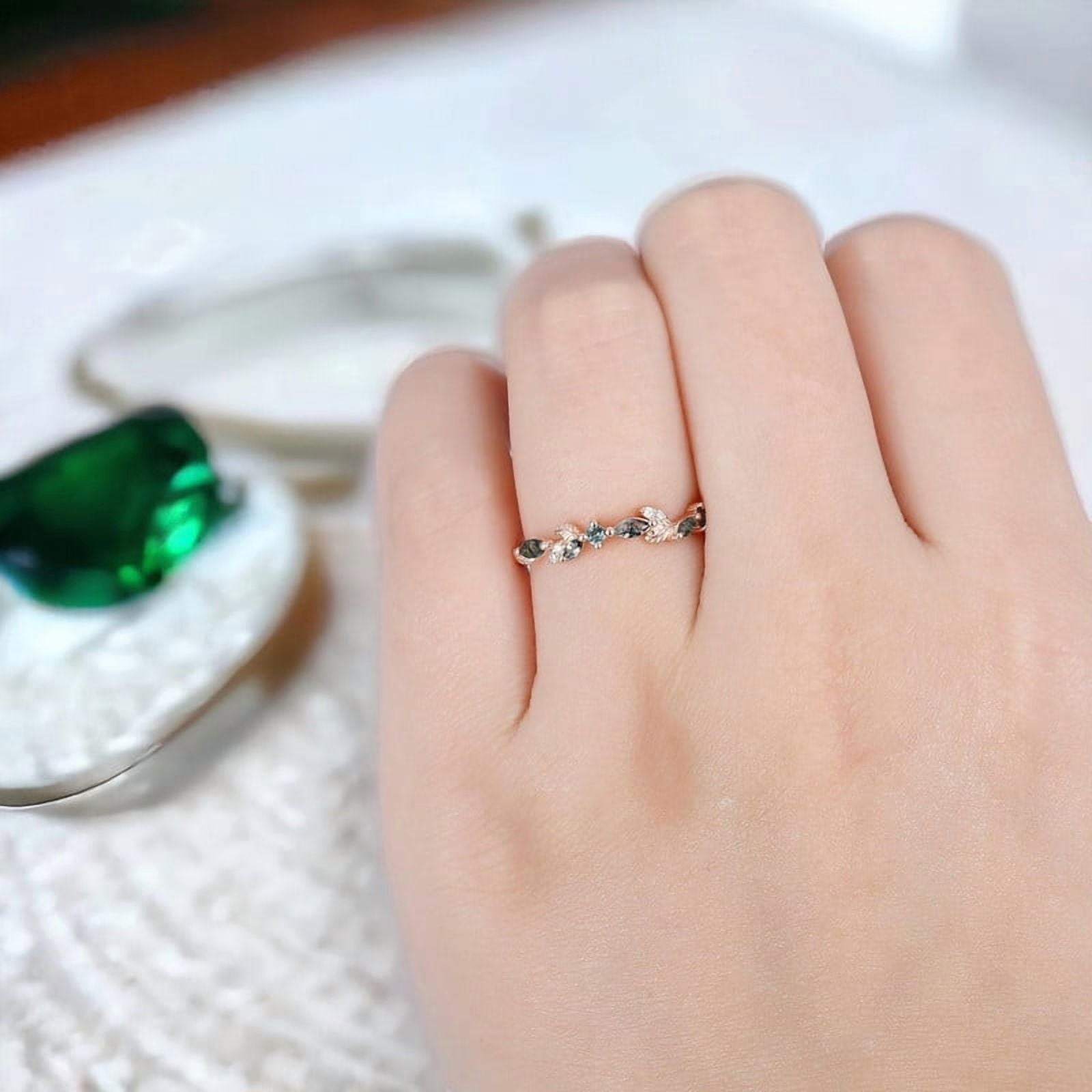 Leaf Vine Moss Agate Wedding Band Marquise Alexandrite, Dainty Ring Bridal Jewelry for Her Rose 11.5