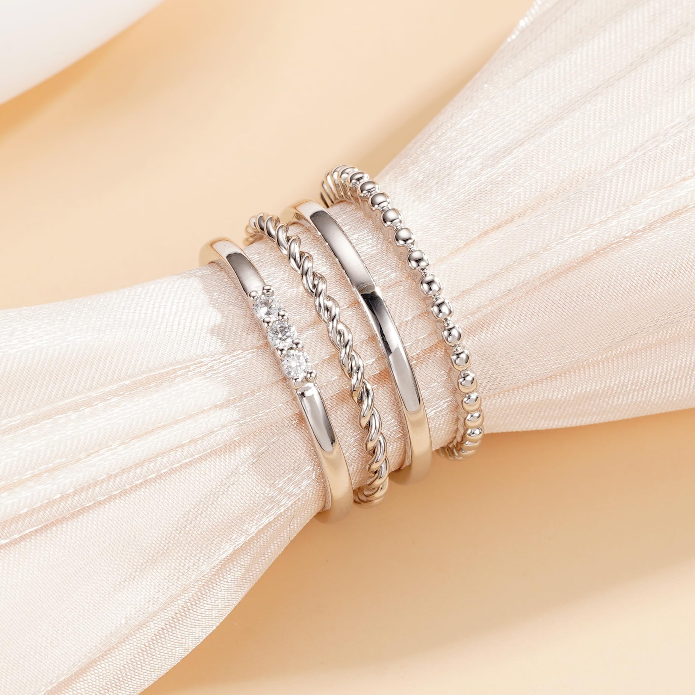4PCS S925 Sterling Plated Rings for Women Non Tarnish CZ Thumb Pinky Stackable Ring Set Valentines Day Jewelry Gifts Her Teen Girlfriend Adults Ideas Size 6/7/8/9/10