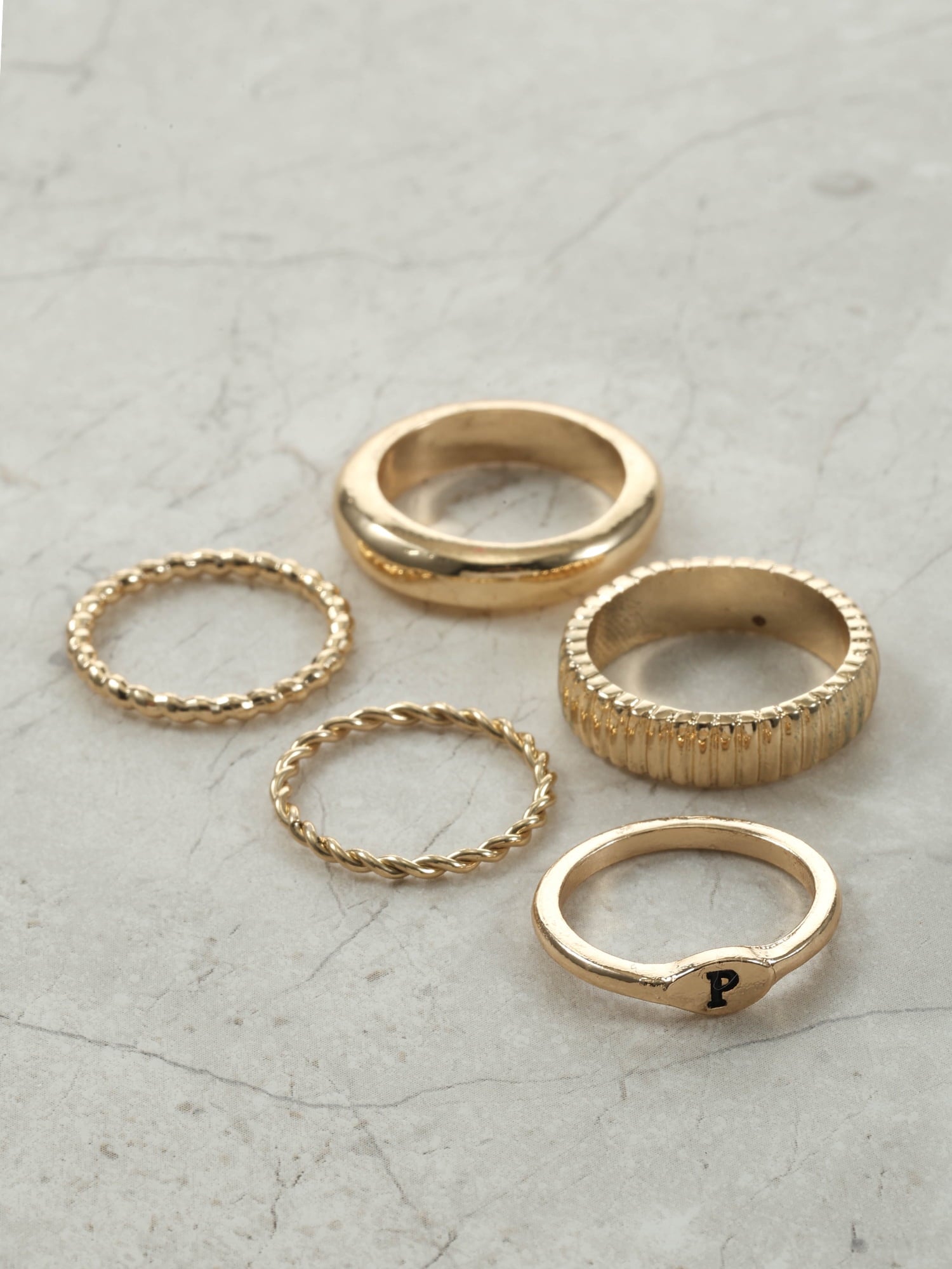 Goldtone Initial Ring Set, 5 Piece, Size 7, Initial J
