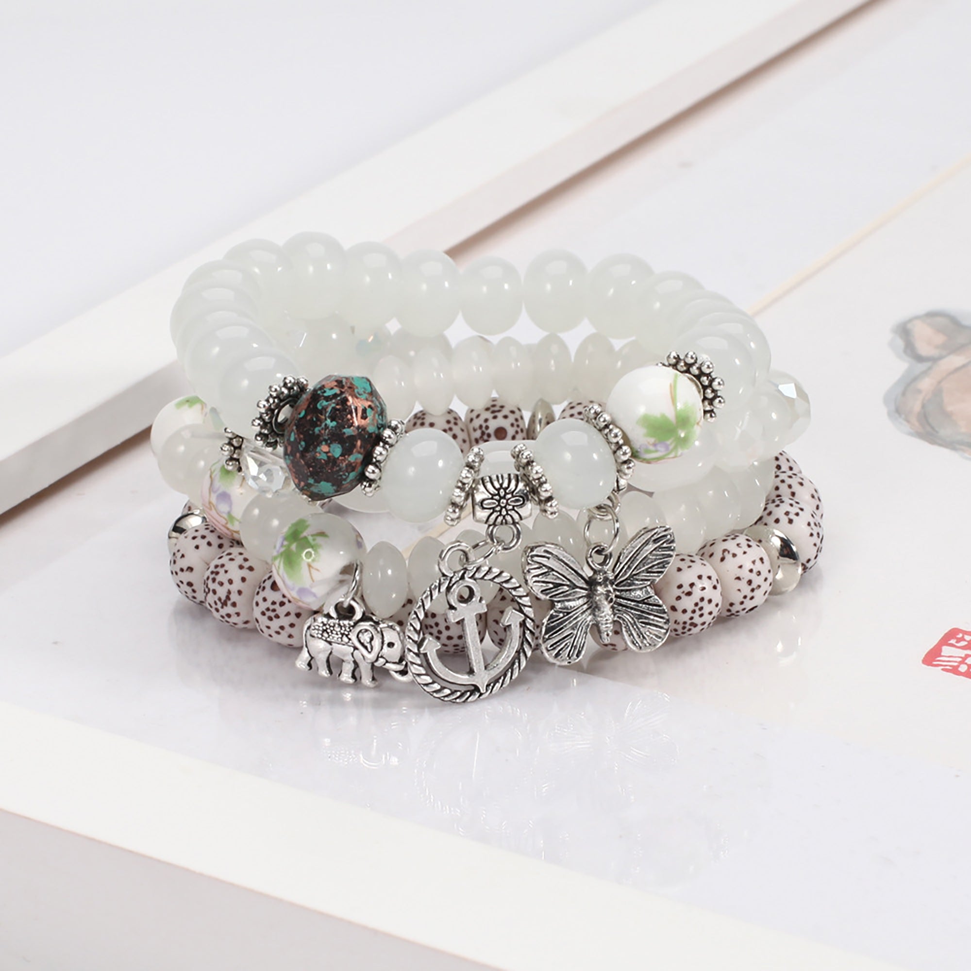 4 PCS Bohemian Stretch Anchor Bracelets Elephant Butterfly Retro Bracelets Suitable for Girls Women Gifts