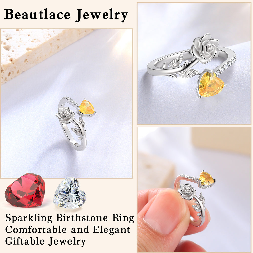 Rose Heart Ring,925 Sterling Adjustable Open Heart Rings Jewelry Gifts for Women Mom -December
