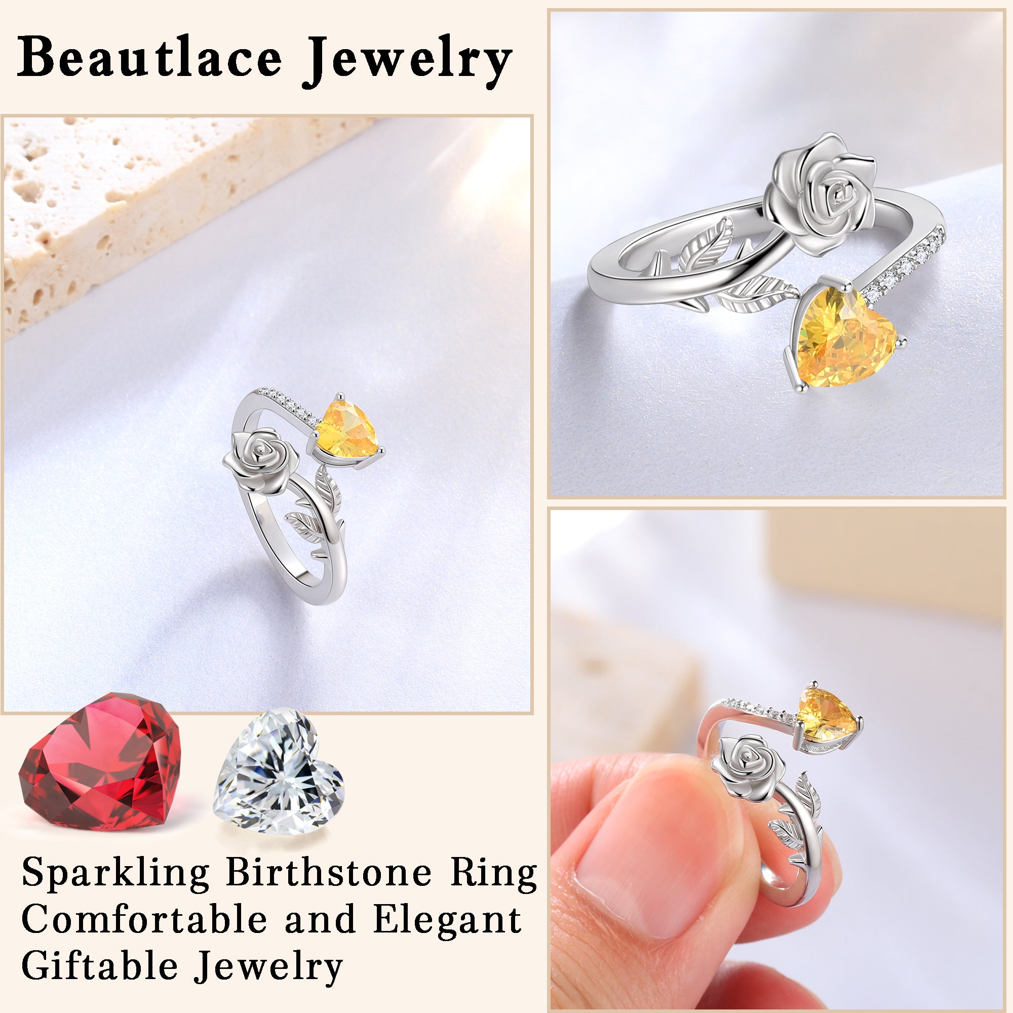 Rose Heart Ring,925 Sterling Adjustable Open Heart Rings Jewelry Gifts for Women Mom -December