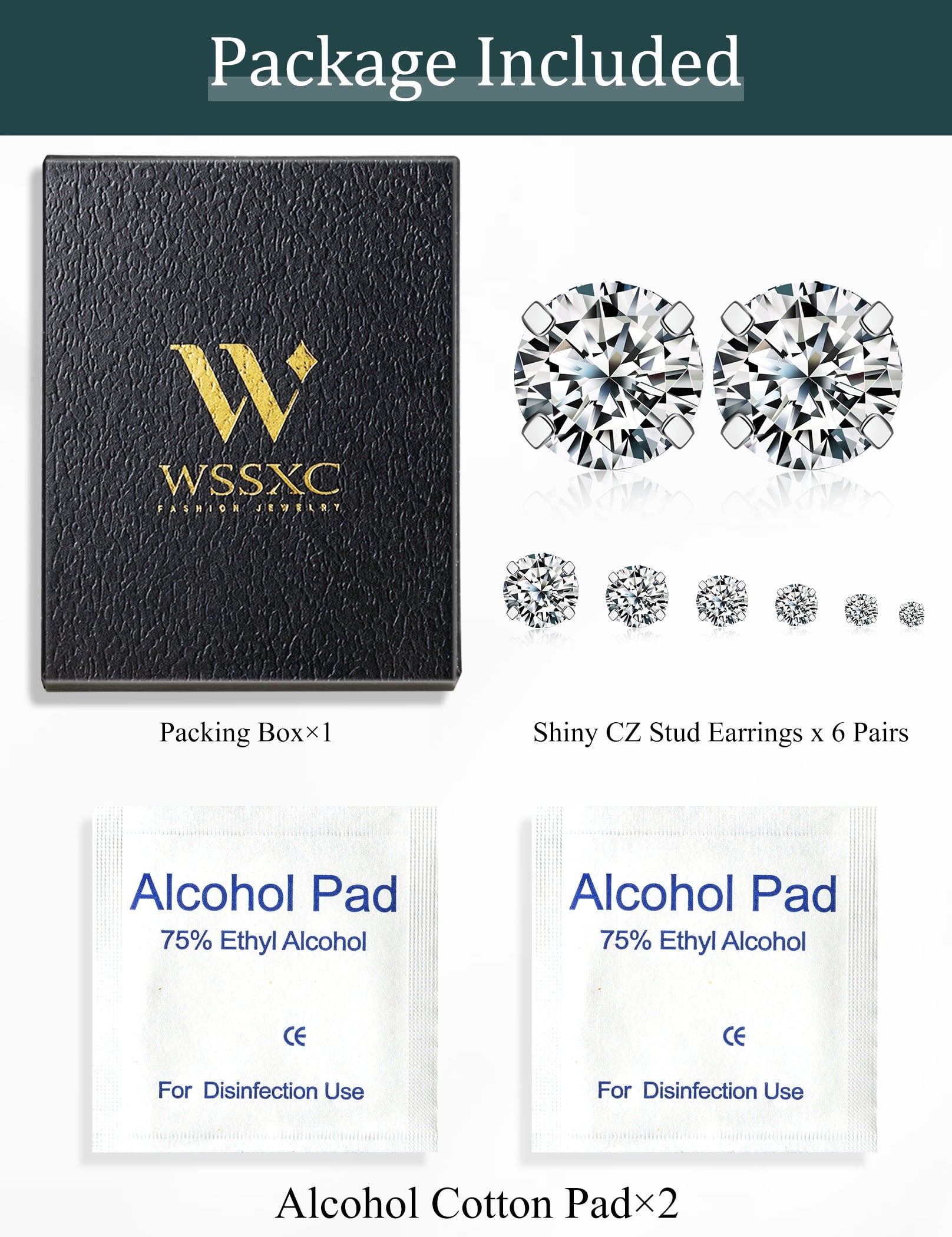 6 Pairs Stud Earrings Hypoallergenic Surgical Steel Cubic Zirconia Earrings