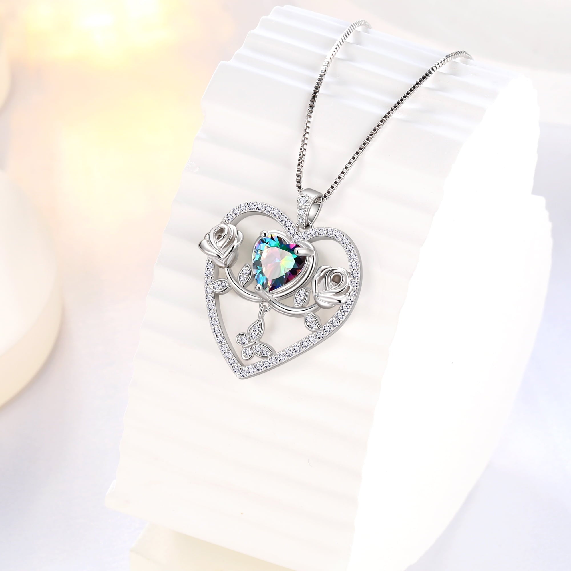 925 Sterling Necklace Rose Flower Heart Pendant Jewelry Valentines Gifts for Women Mom Wife/Lover