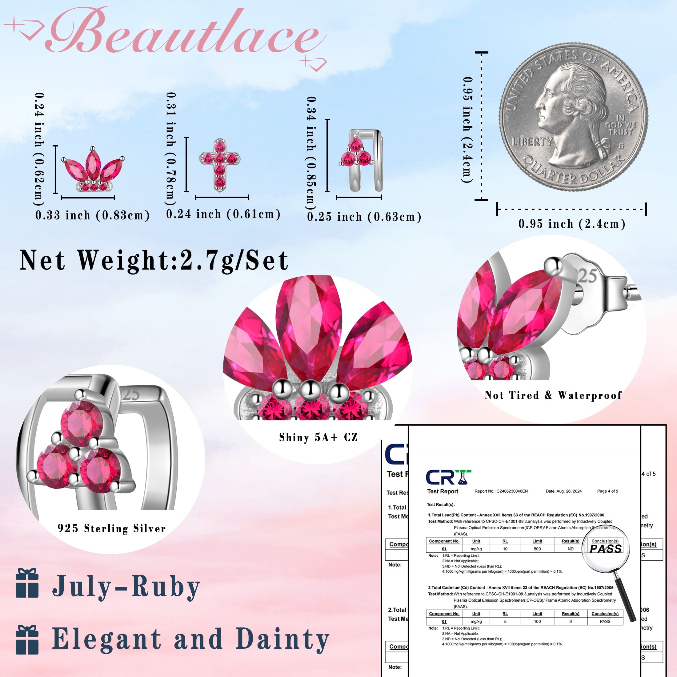3 Pairs 925 Sterling Cross Earrings Set for Women, Flower Studs and Ear Cuffs Jewelry Set for Her