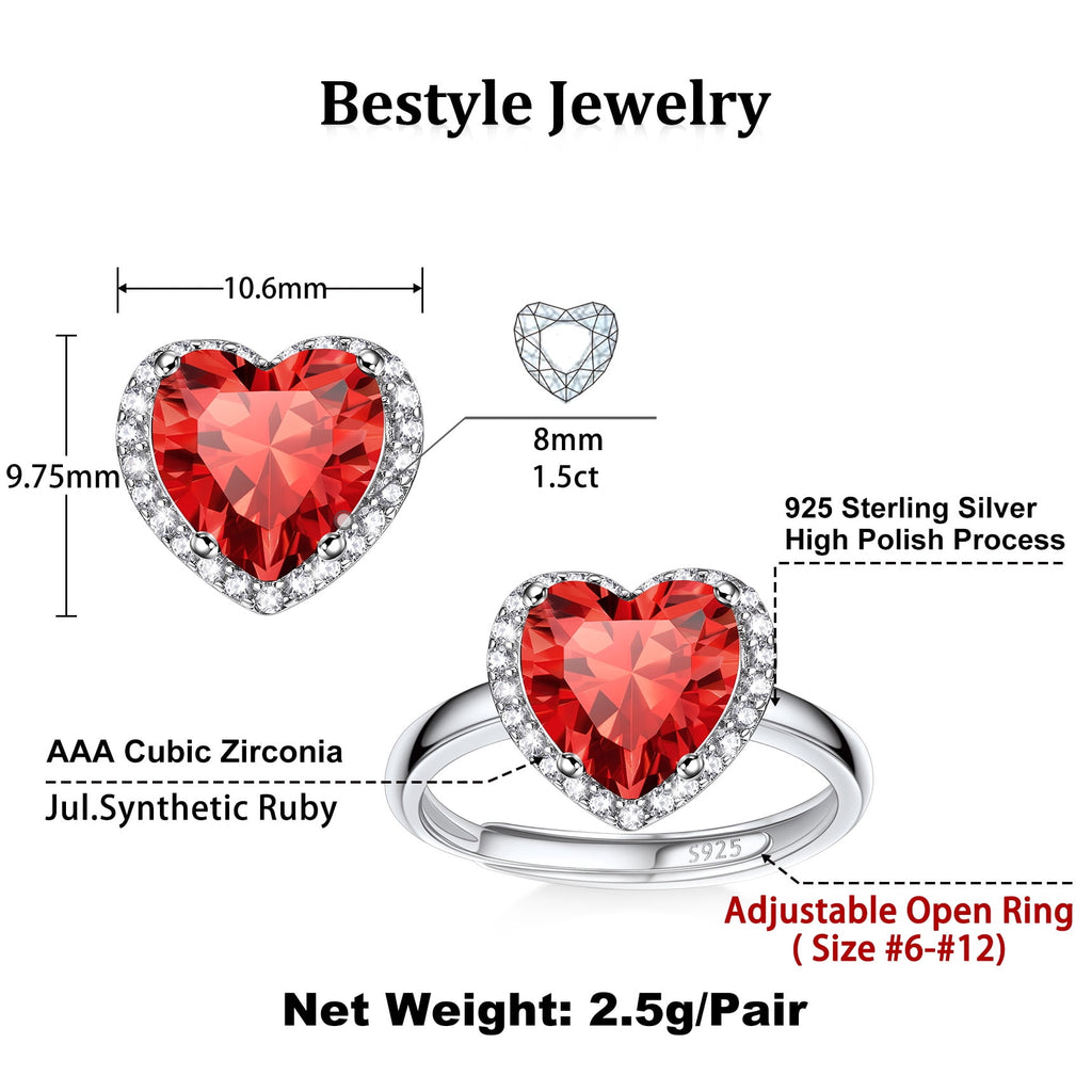 S925 Sterling Heart Rings for Women Sparkle Open Band Ring July Created Ruby Rings Size 6-12