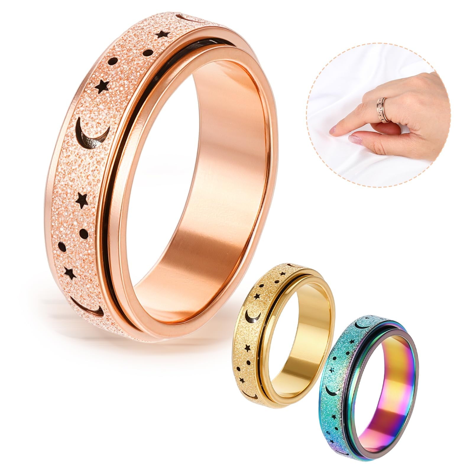 Anxiety Ring for Women Men, Anxiety Fidget Relief Spinner Rings Stainless Steel Worry Stress Relieve Ring Band Set for Anxiety Women Men，Anxiety Ring-Moon Star, Sandblasted Finished,Rainbow-Size6