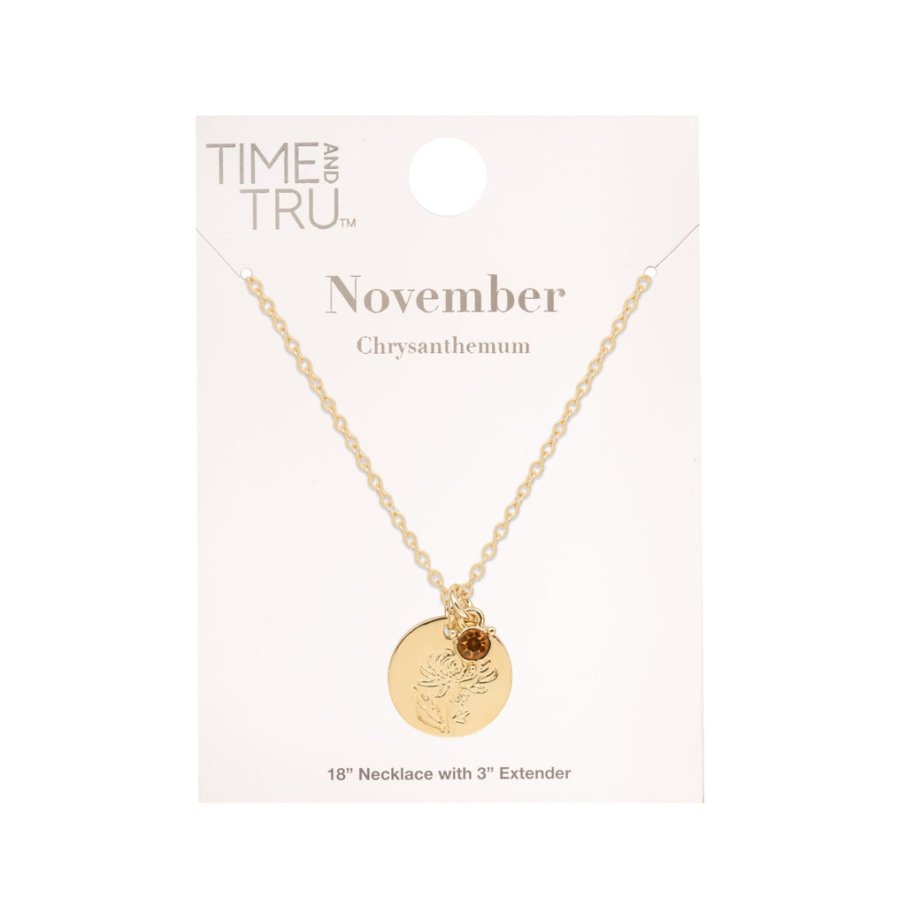 Women’s March Necklace, Tone Chain with Light Azure Stone &amp; Daffodil Flower
