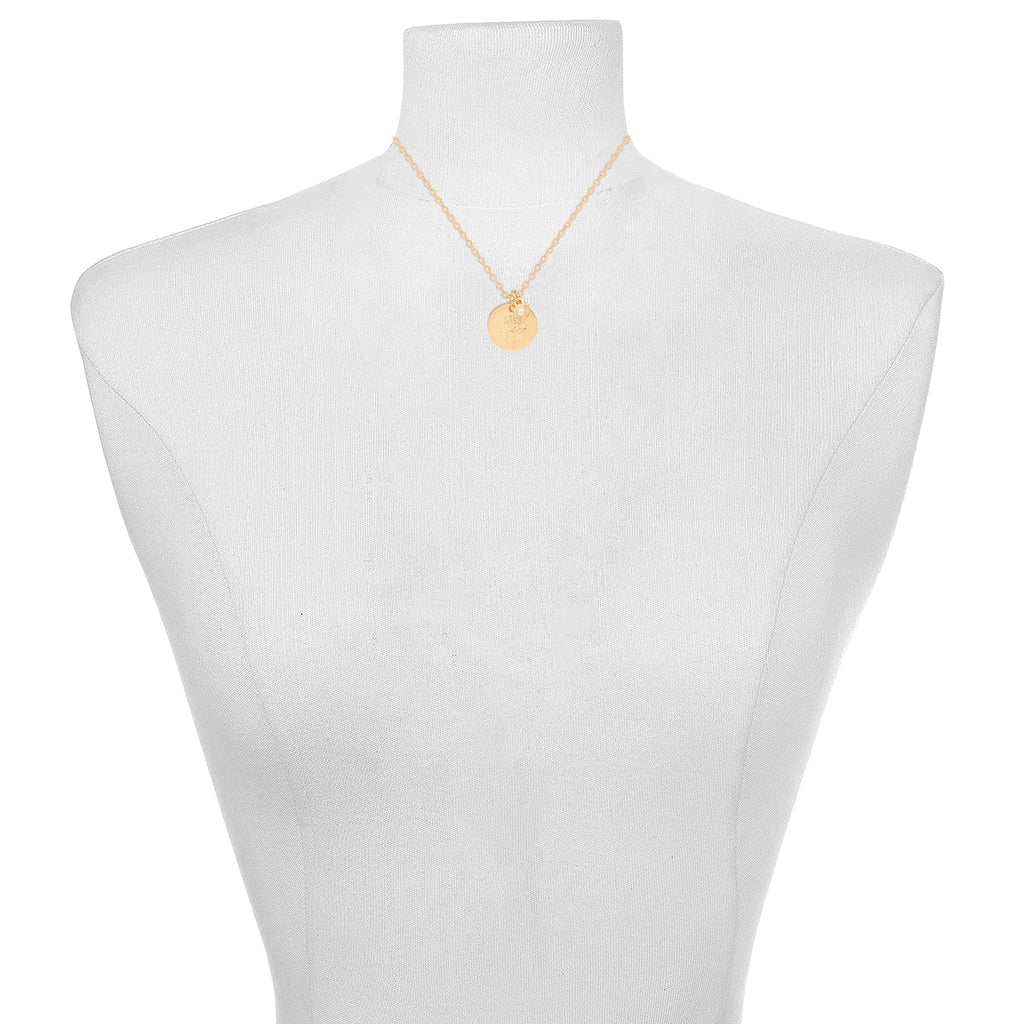 Women’s March Necklace, Tone Chain with Light Azure Stone &amp; Daffodil Flower