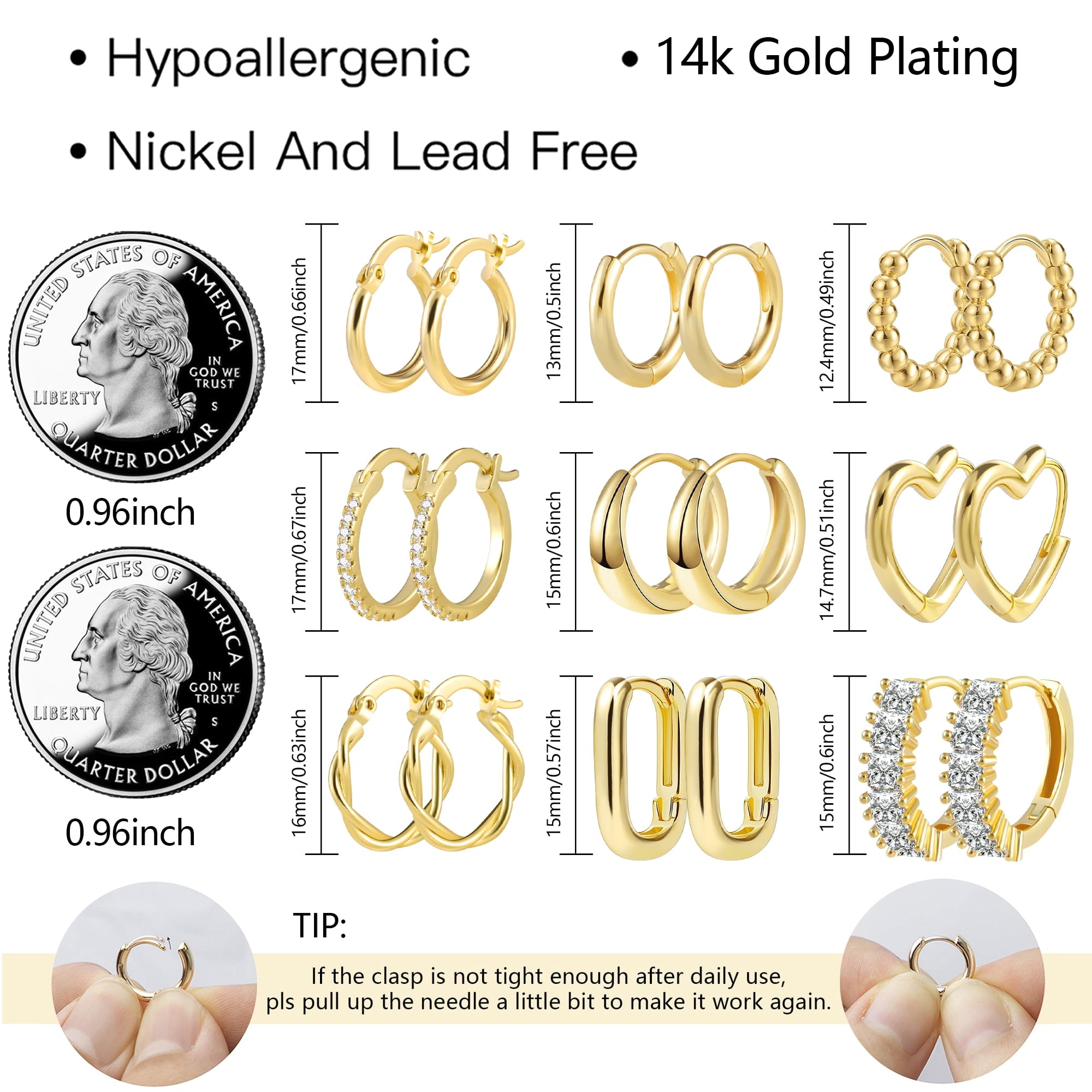 14K Plated Hypoallergenic Small Hoop Earrings Set, Chunky Huggie Stackable Earrings for Women