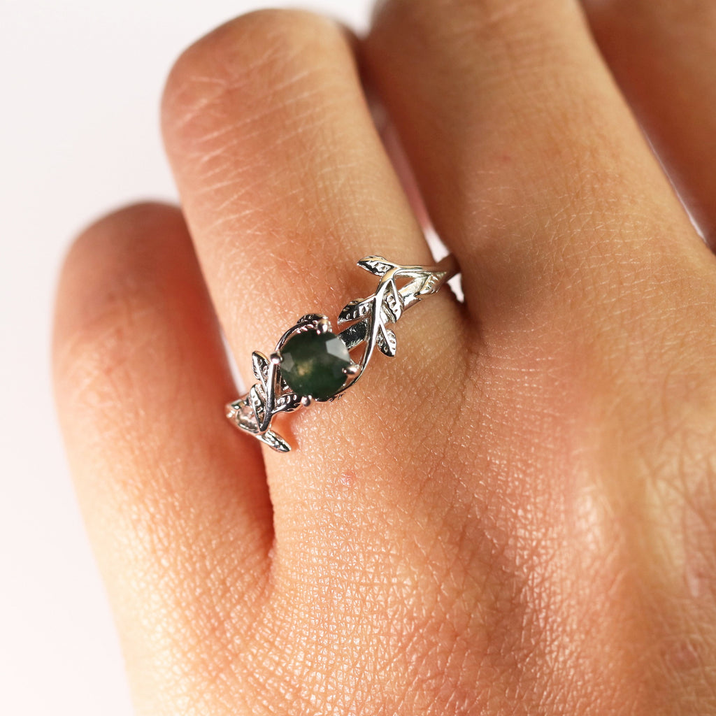 Nature Inspired 0.50 Green Moss Agate Solitaire Engagement Ring - Forest Ring - 18K White Plating for Women
