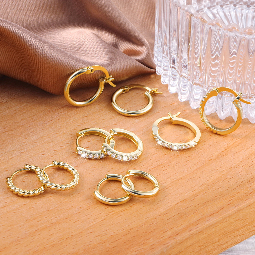 Plated Earrings for Women, 6 Pairs 14k Hoop Earrings, Hypoallergenic Chunky Jewelry Set Gifts