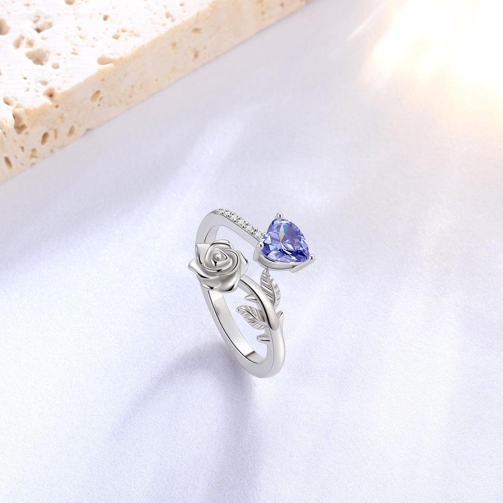 Rose Heart Ring,925 Sterling Adjustable Open Heart Rings Jewelry Gifts for Women Mom -December