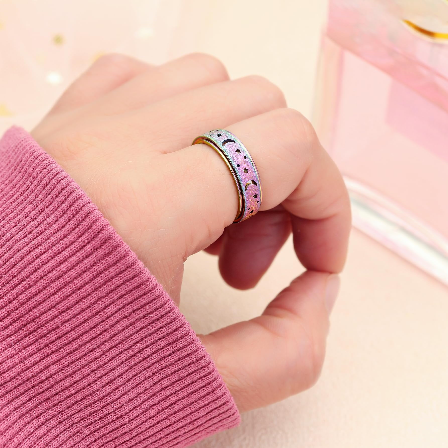 Anxiety Ring for Women Men, Anxiety Fidget Relief Spinner Rings Stainless Steel Worry Stress Relieve Ring Band Set for Anxiety Women Men，Anxiety Ring-Moon Star, Sandblasted Finished,Rainbow-Size6
