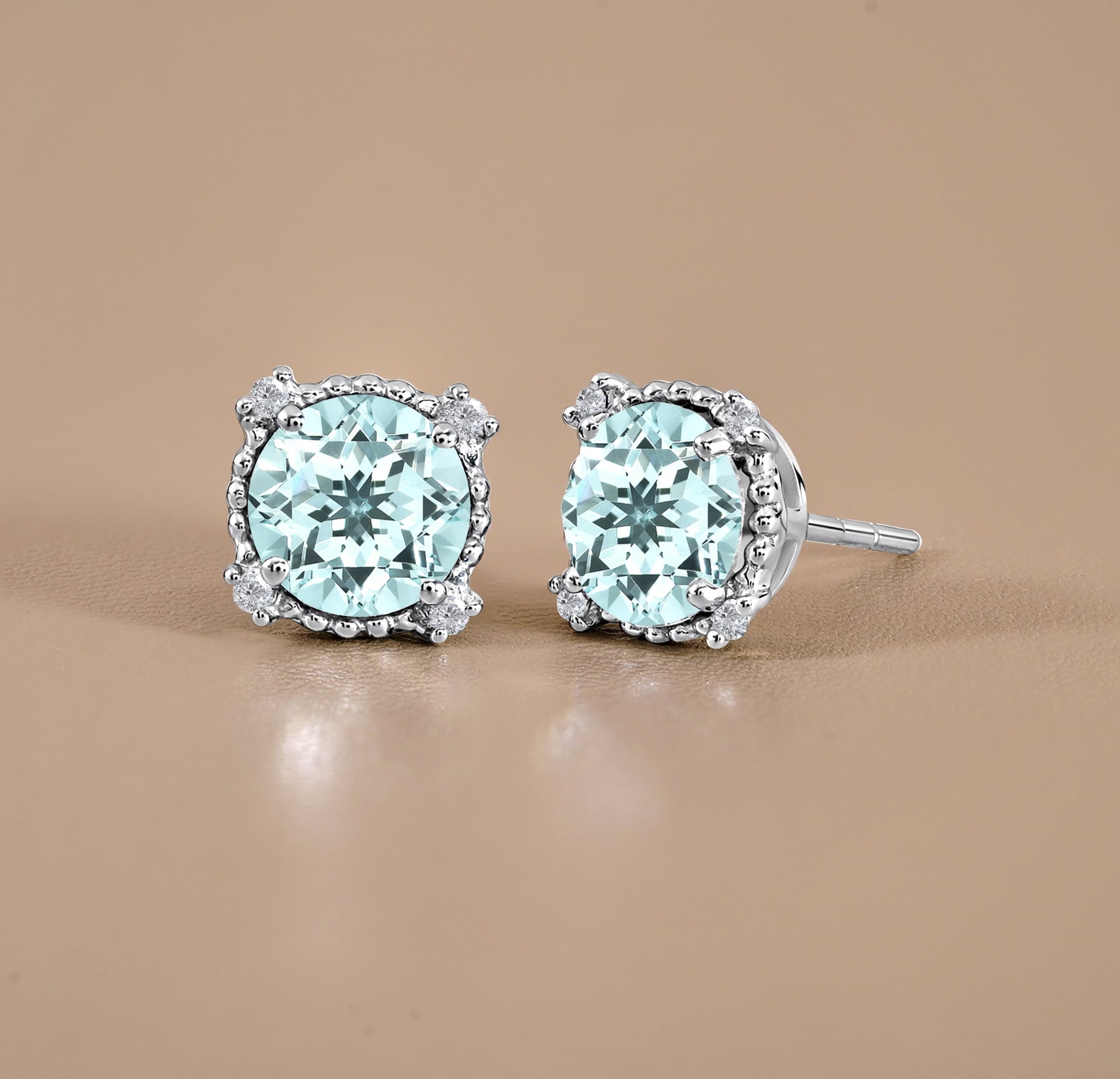 3.5 Round Cut April Stud Earrings - Halo Milgrain Earrings in 18K White Plating for Women