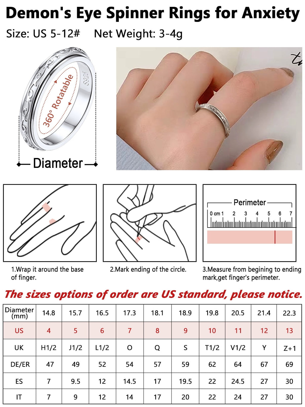 S925 Sterling Fidget Rings Embossed Celtic Spinner Rings Anxiety Stress Relieving Band Gifts for Women, Size 7