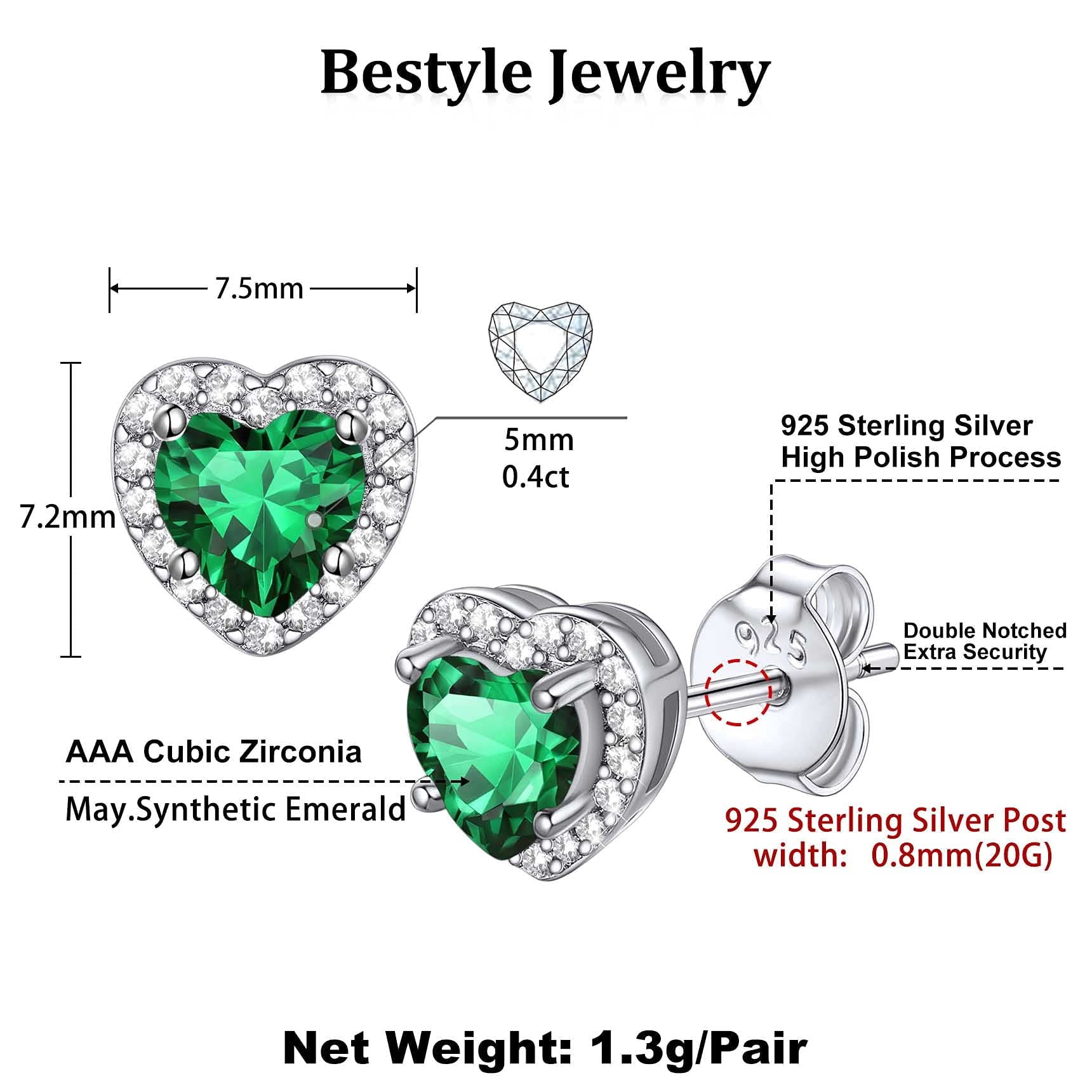 Stud Earrings for Women, 925 Sterling Heart Created Diamond Studs Earrings / Gifts - September