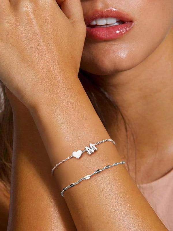 Women's Sterling Bracelets Heart &amp; Alphabet Letter A Initial Bracelet Charm Jewelry Gifts for Her