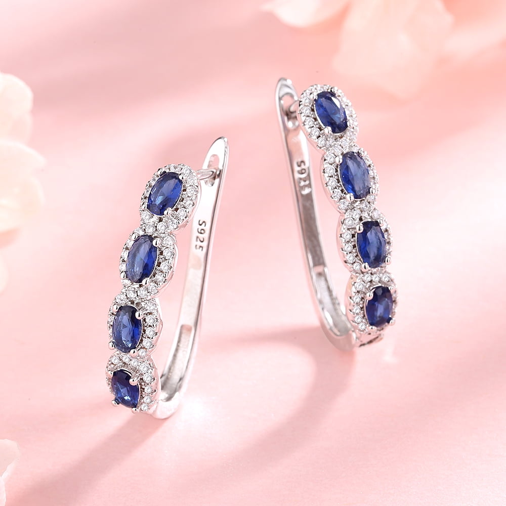 Blue &amp; White Sapphire Halo Earrings in 14k White Plated
