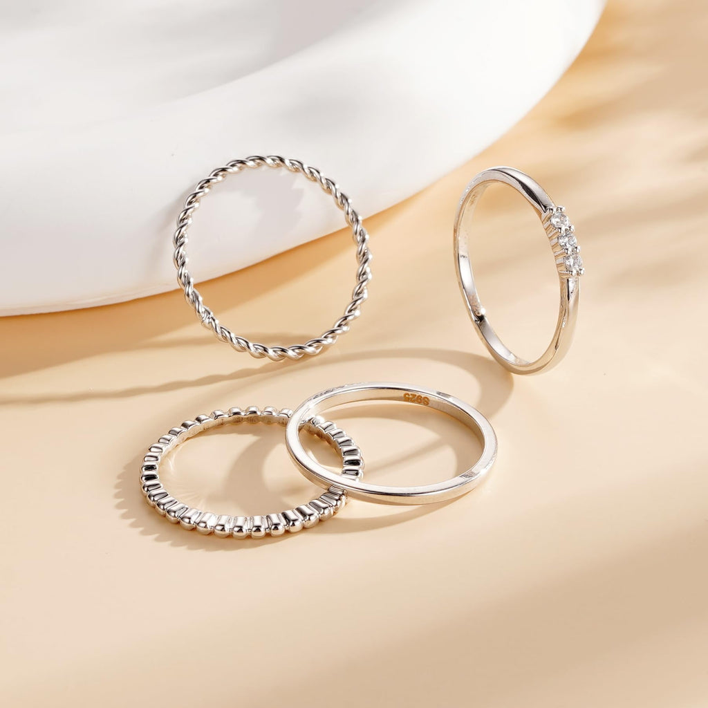 4PCS S925 Sterling Plated Rings for Women Non Tarnish CZ Thumb Pinky Stackable Ring Set Valentines Day Jewelry Gifts Her Teen Girlfriend Adults Ideas Size 6/7/8/9/10