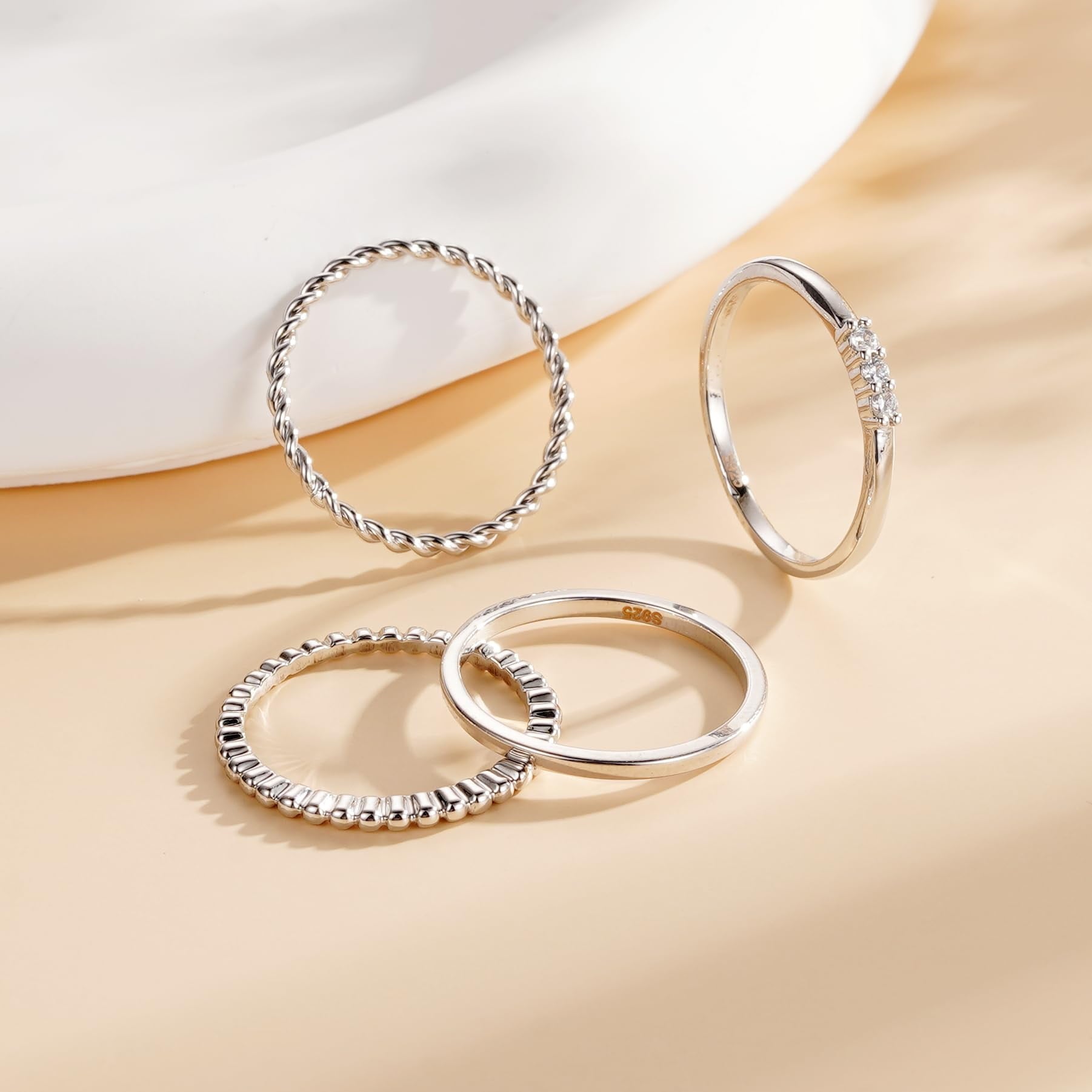 4PCS S925 Sterling Plated Rings for Women Non Tarnish CZ Thumb Pinky Stackable Ring Set Valentines Day Jewelry Gifts Her Teen Girlfriend Adults Ideas Size 6/7/8/9/10