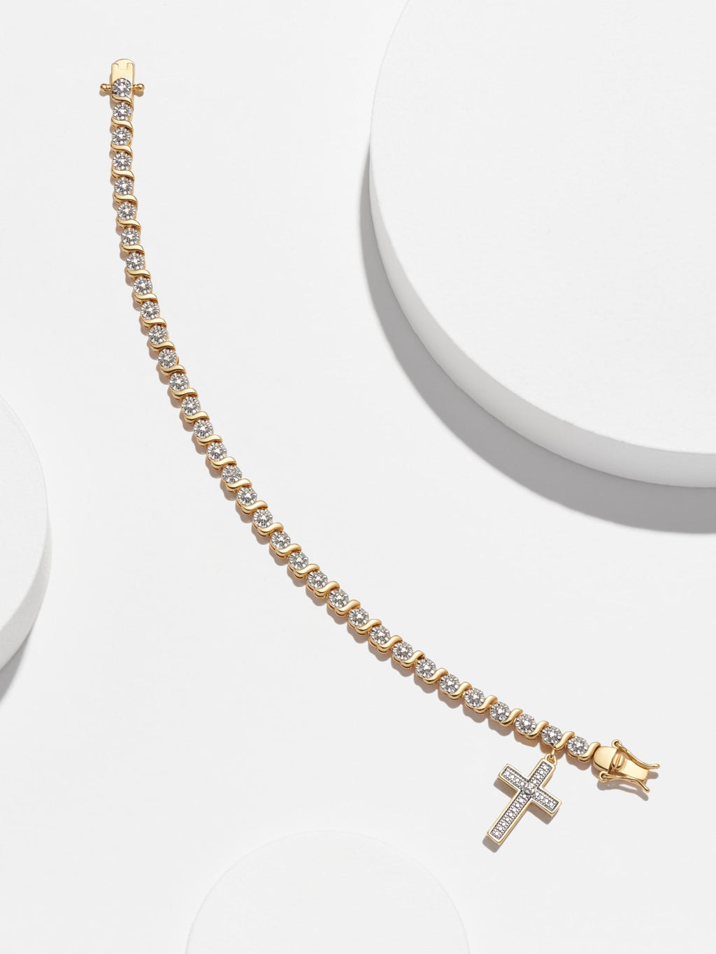 18K Yellow Plated Diamond Accent Cross Charm Tennis Bracelet, 7.25"