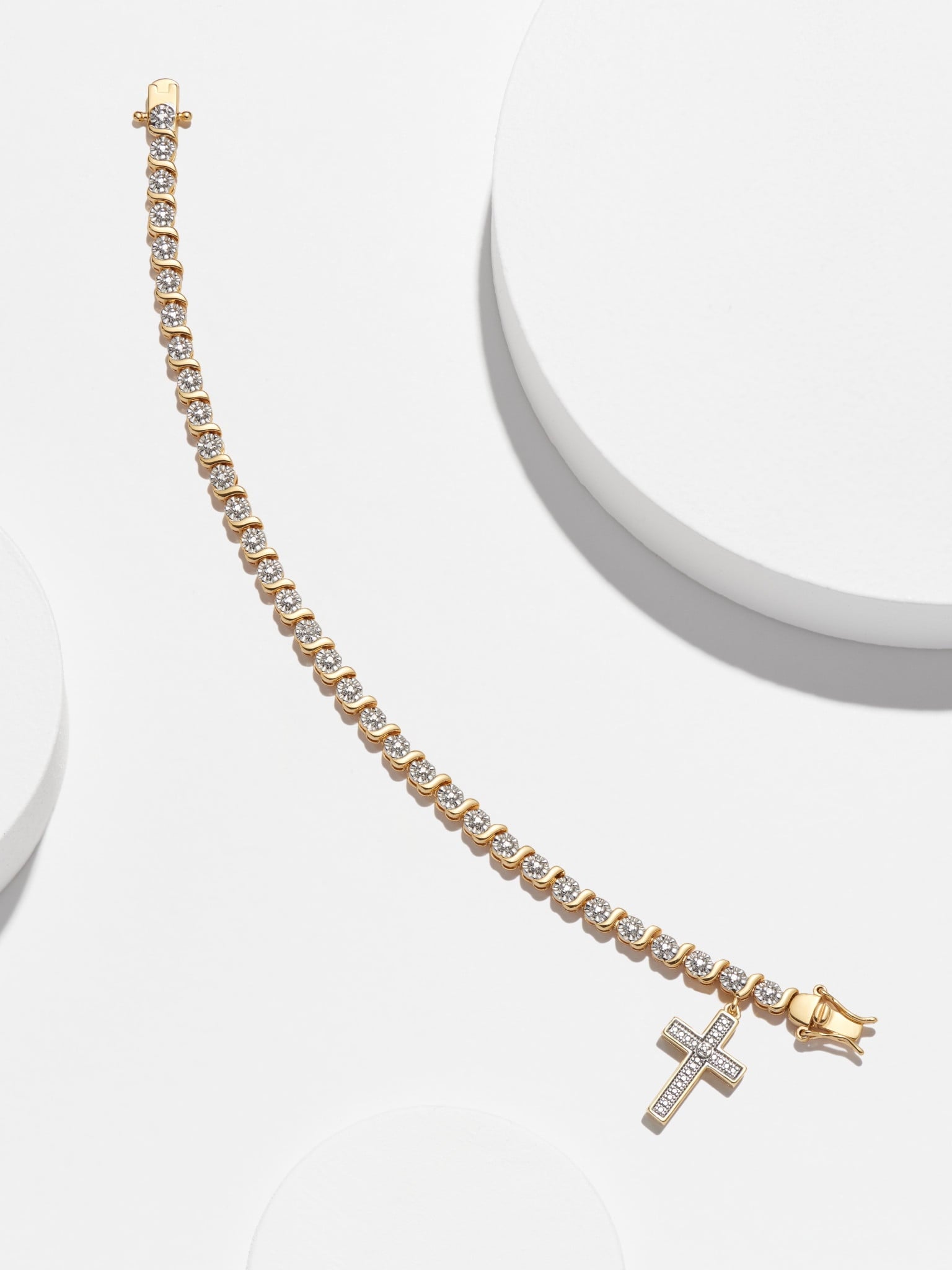 18K Yellow Plated Diamond Accent Cross Charm Tennis Bracelet, 7.25"