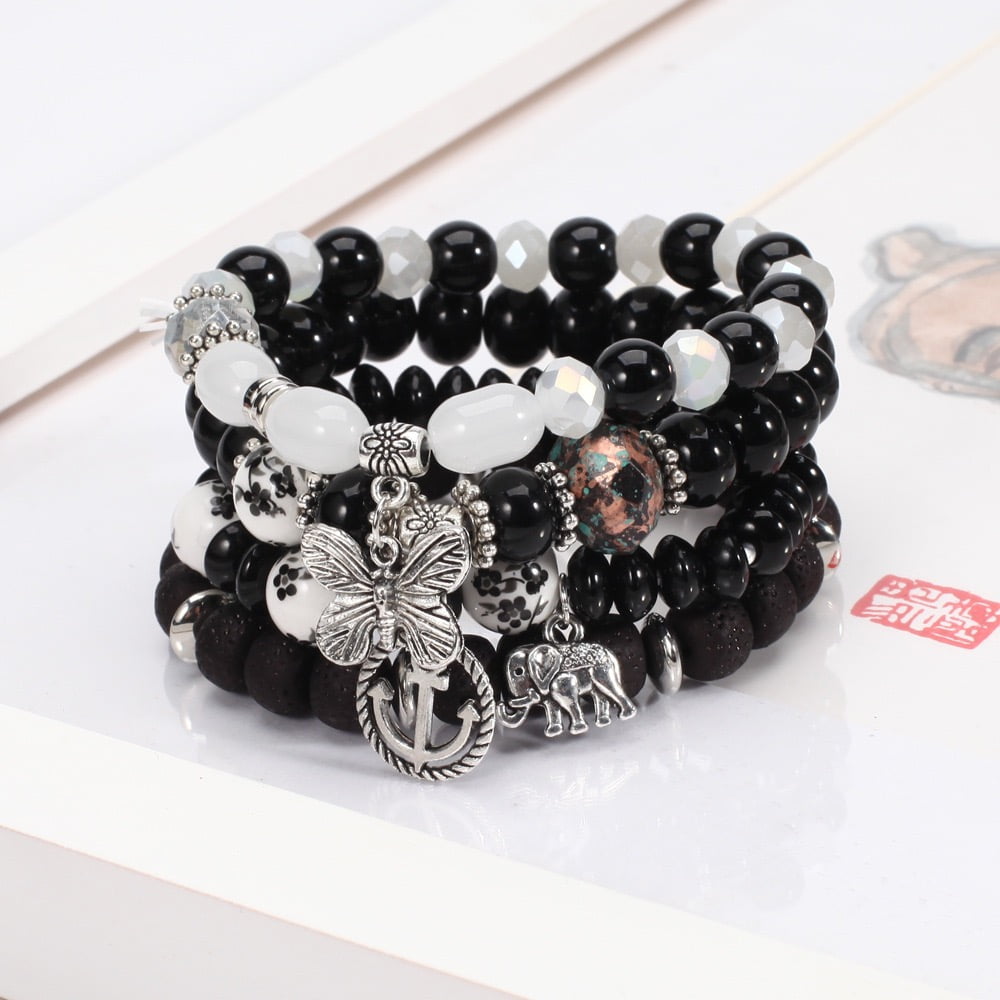 4 PCS Bohemian Stretch Anchor Bracelets Elephant Butterfly Retro Bracelets Suitable for Girls Women Gifts
