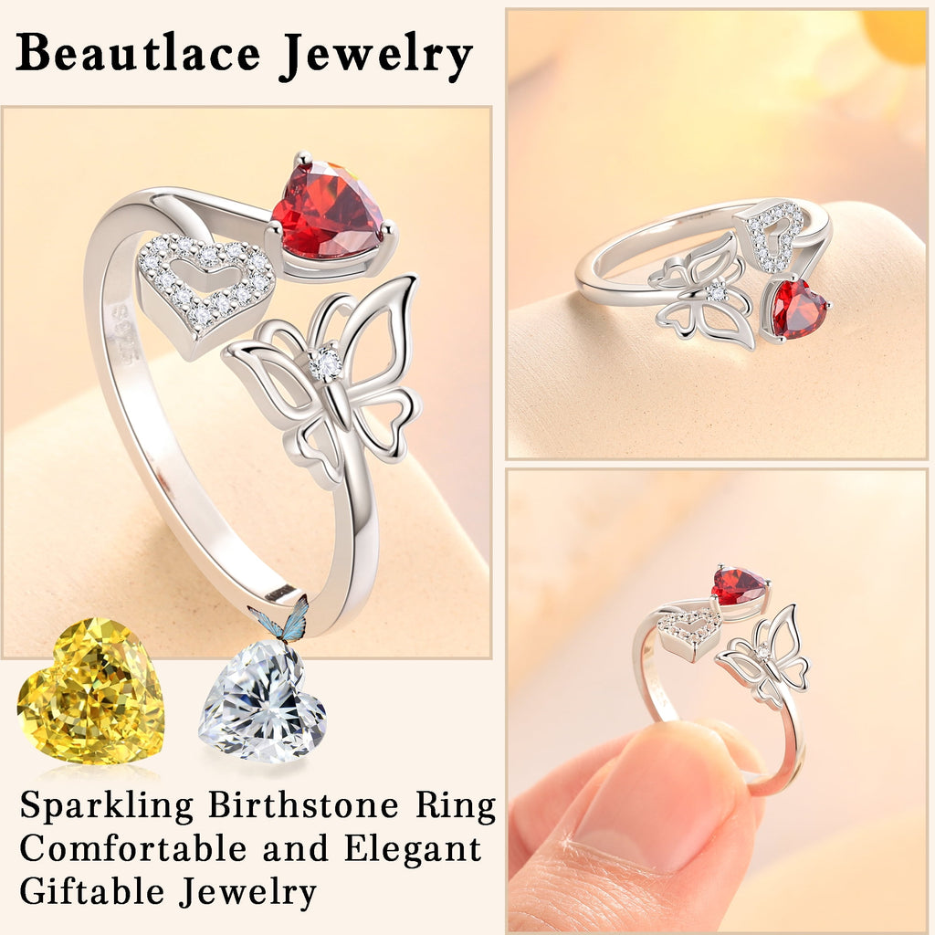 Rose Heart Ring,925 Sterling Adjustable Open Heart Rings Jewelry Gifts for Women Mom -December