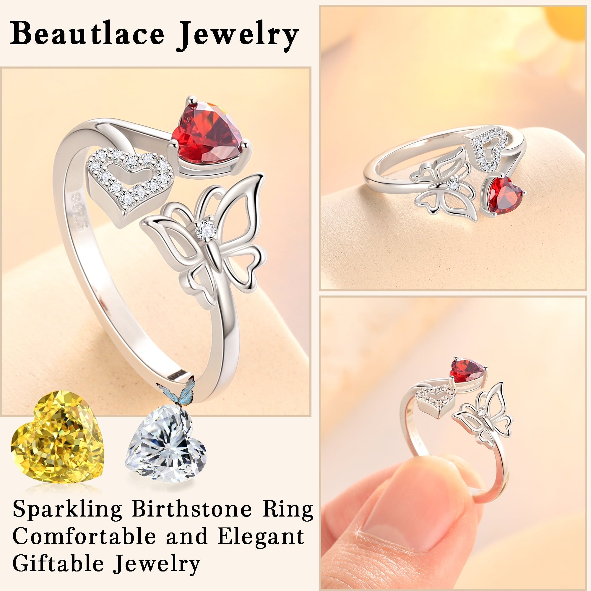 Rose Heart Ring,925 Sterling Adjustable Open Heart Rings Jewelry Gifts for Women Mom -December