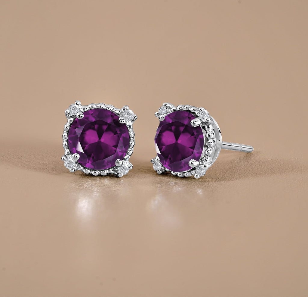 3.5 Round Cut April Stud Earrings - Halo Milgrain Earrings in 18K White Plating for Women