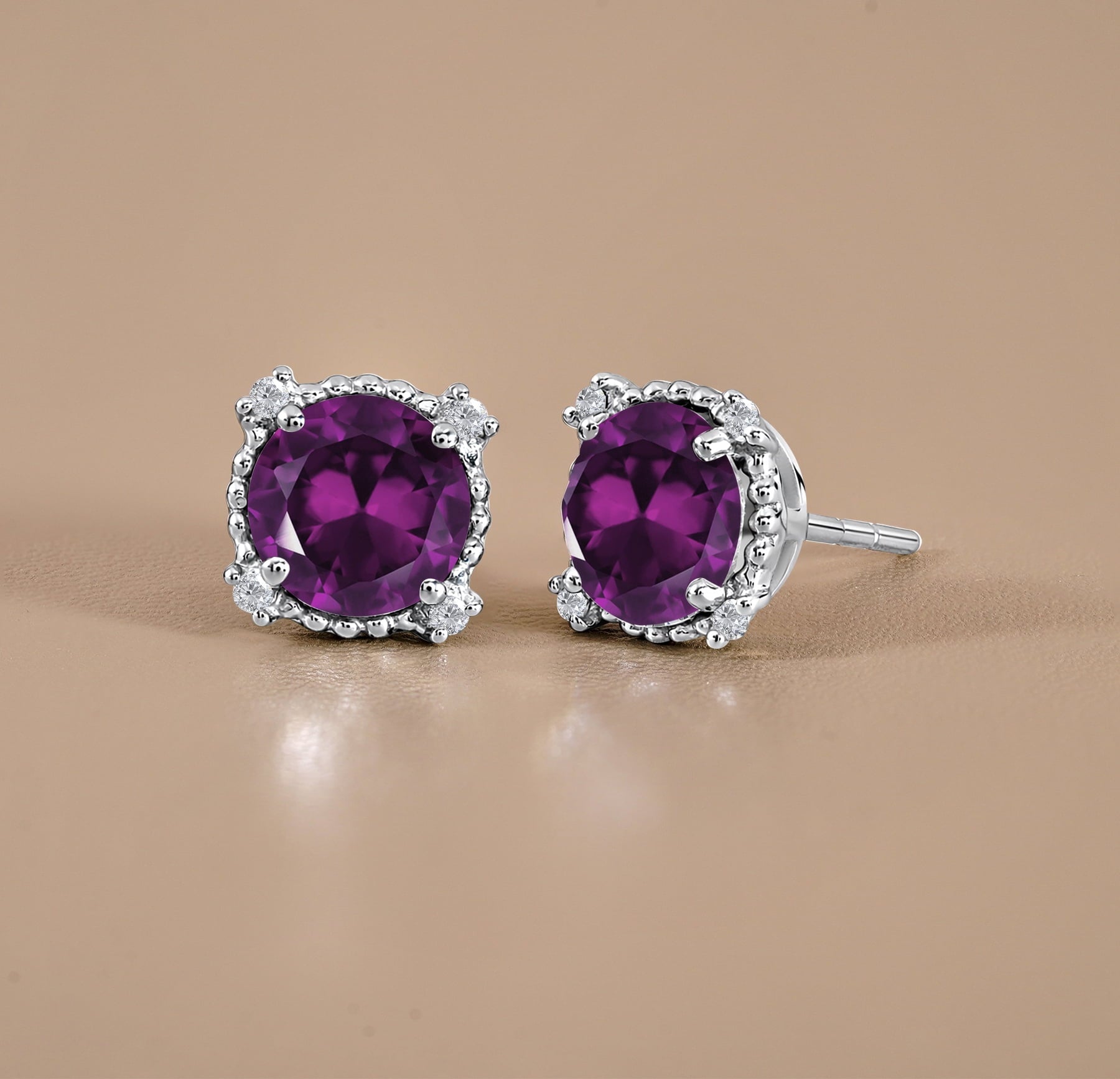 3.5 Round Cut April Stud Earrings - Halo Milgrain Earrings in 18K White Plating for Women