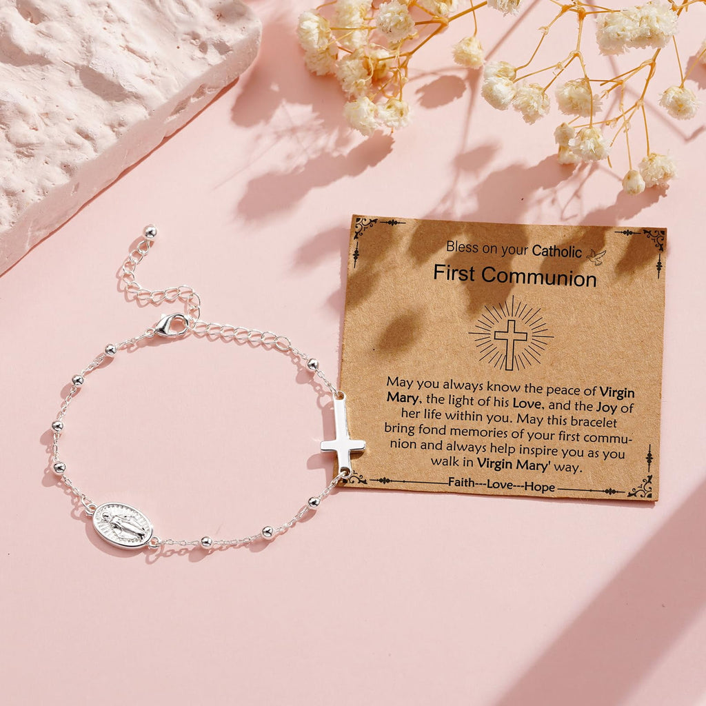 Rosary Beads Virgin Mary Cross Charm Bracelet for Women Kids Girls Teen Daughter Granddaughter Mom Wife Girlfriend Stuff Christian Catholic Jewelry Gifts for Women Girls Age