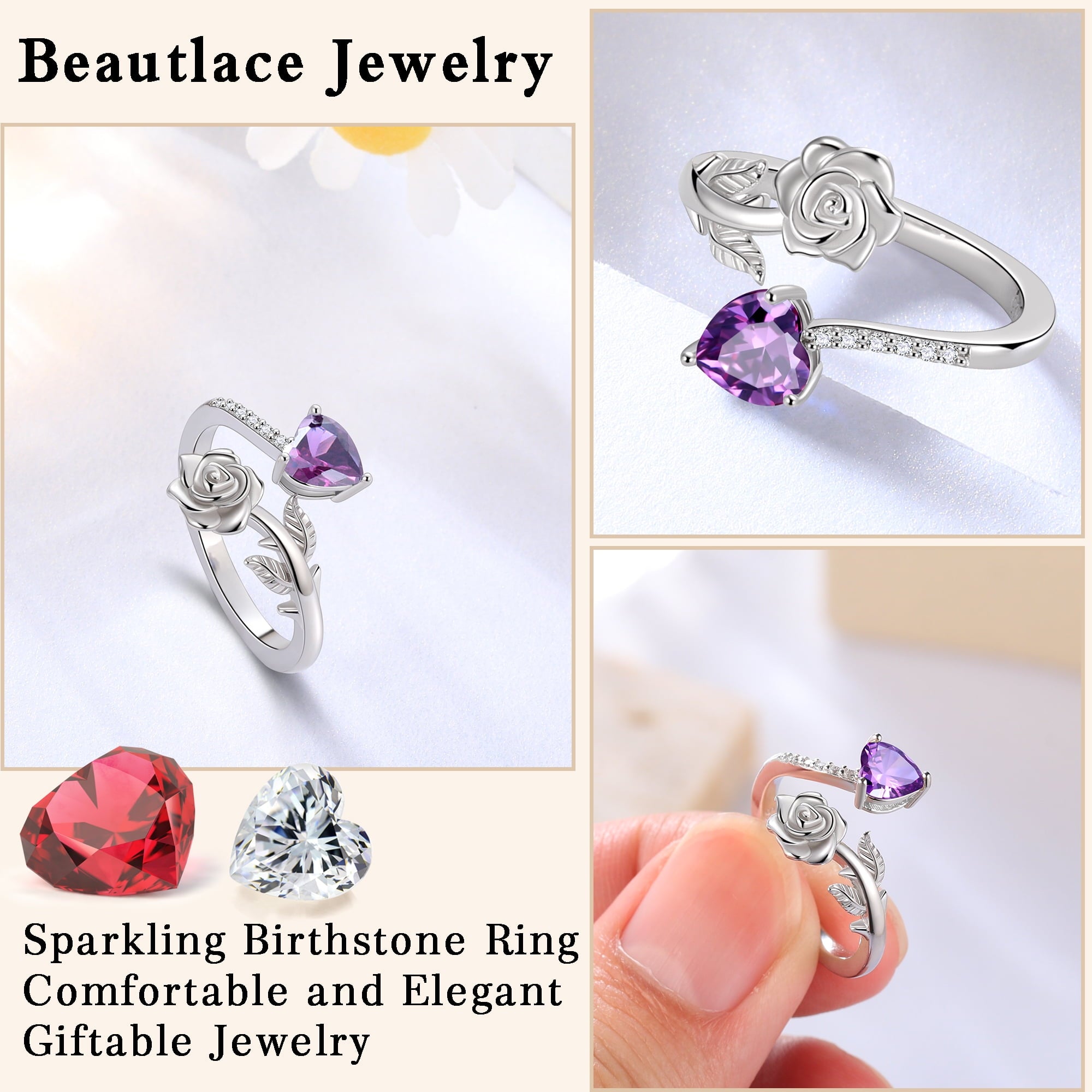 Rose Heart Ring,925 Sterling Adjustable Open Heart Rings Jewelry Gifts for Women Mom -December