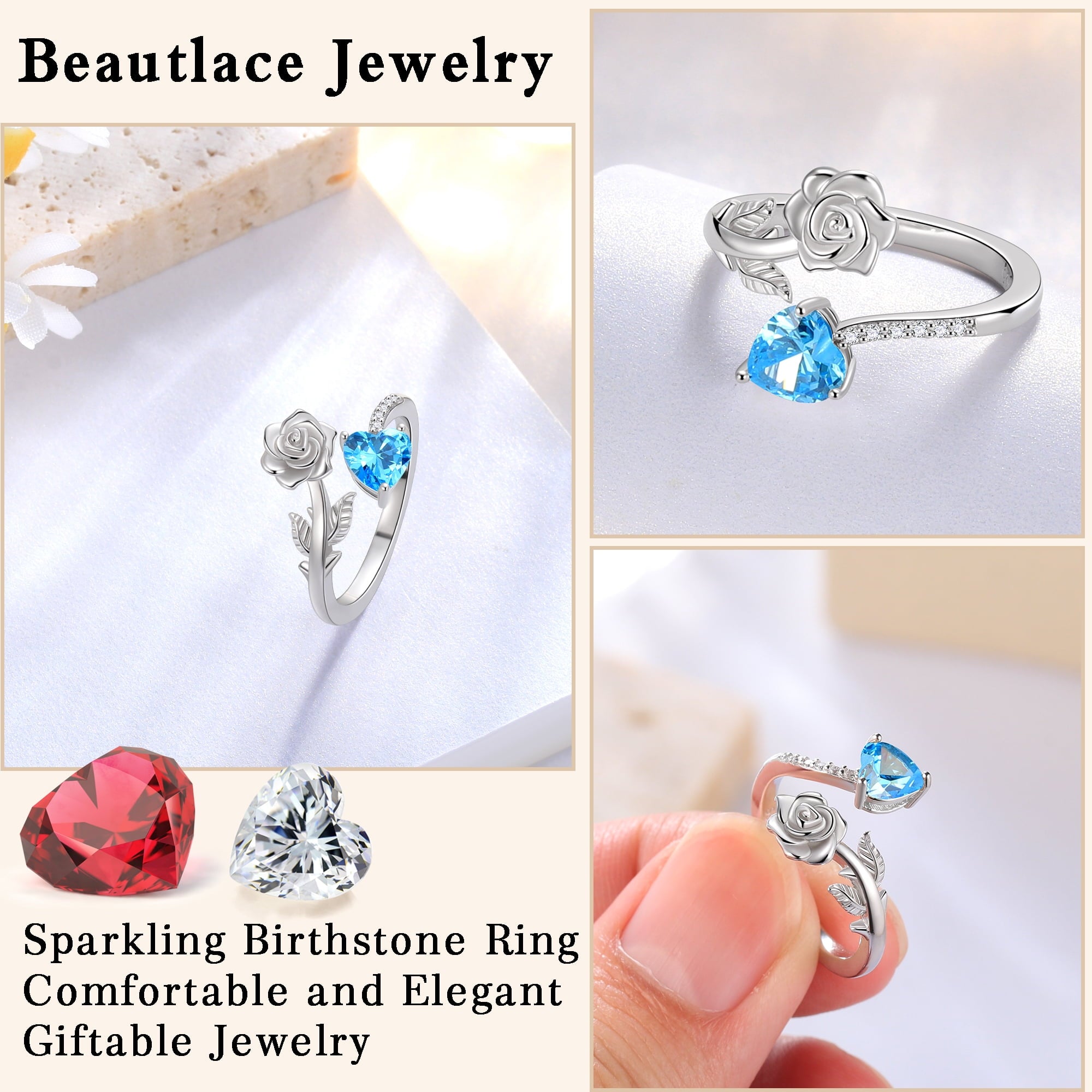 Rose Heart Ring,925 Sterling Adjustable Open Heart Rings Jewelry Gifts for Women Mom -December