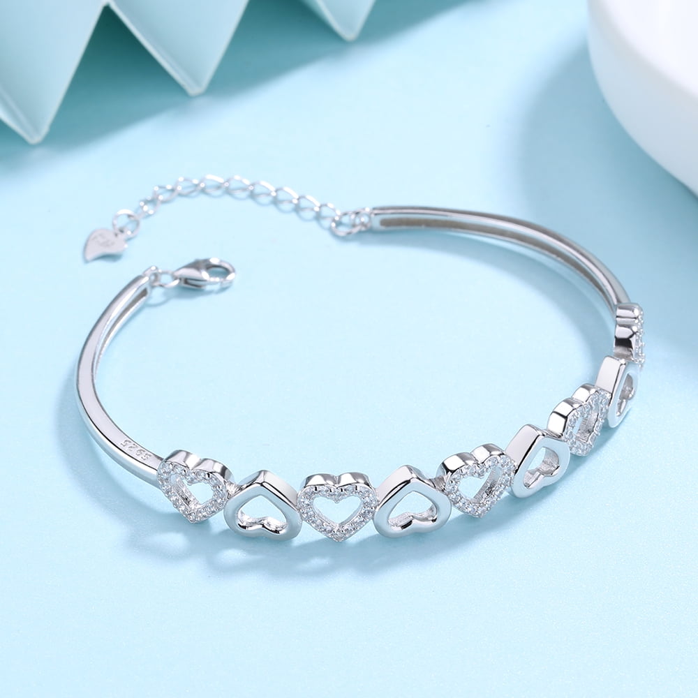 14K White Hearts Bangle Adjustable Bracelet with crystals from in 14K White Plated