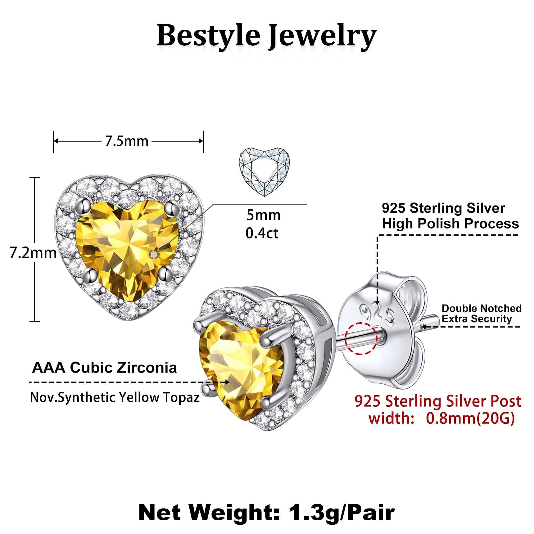Stud Earrings for Women, 925 Sterling Heart Created Diamond Studs Earrings / Gifts - September